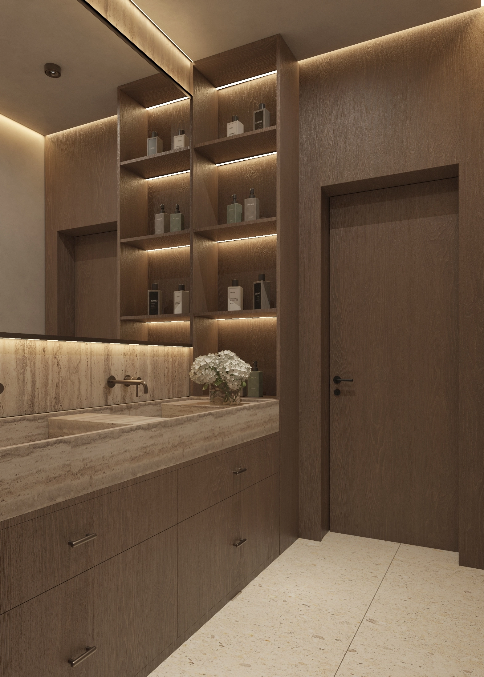 Warm timber washbasin counter with open illuminated shelving and broad mirror