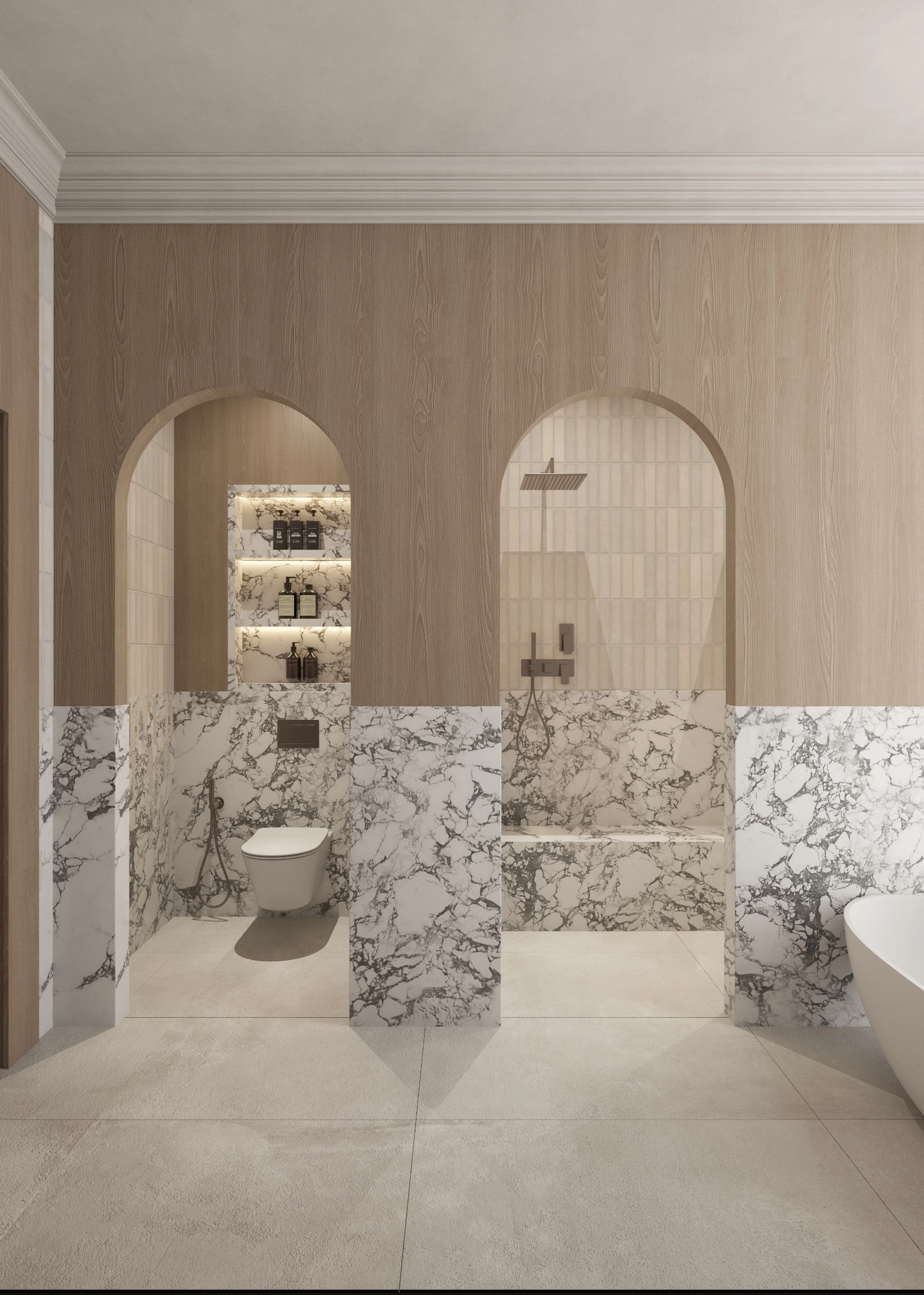 Arched openings leading past marble half-walls into the master bathroom