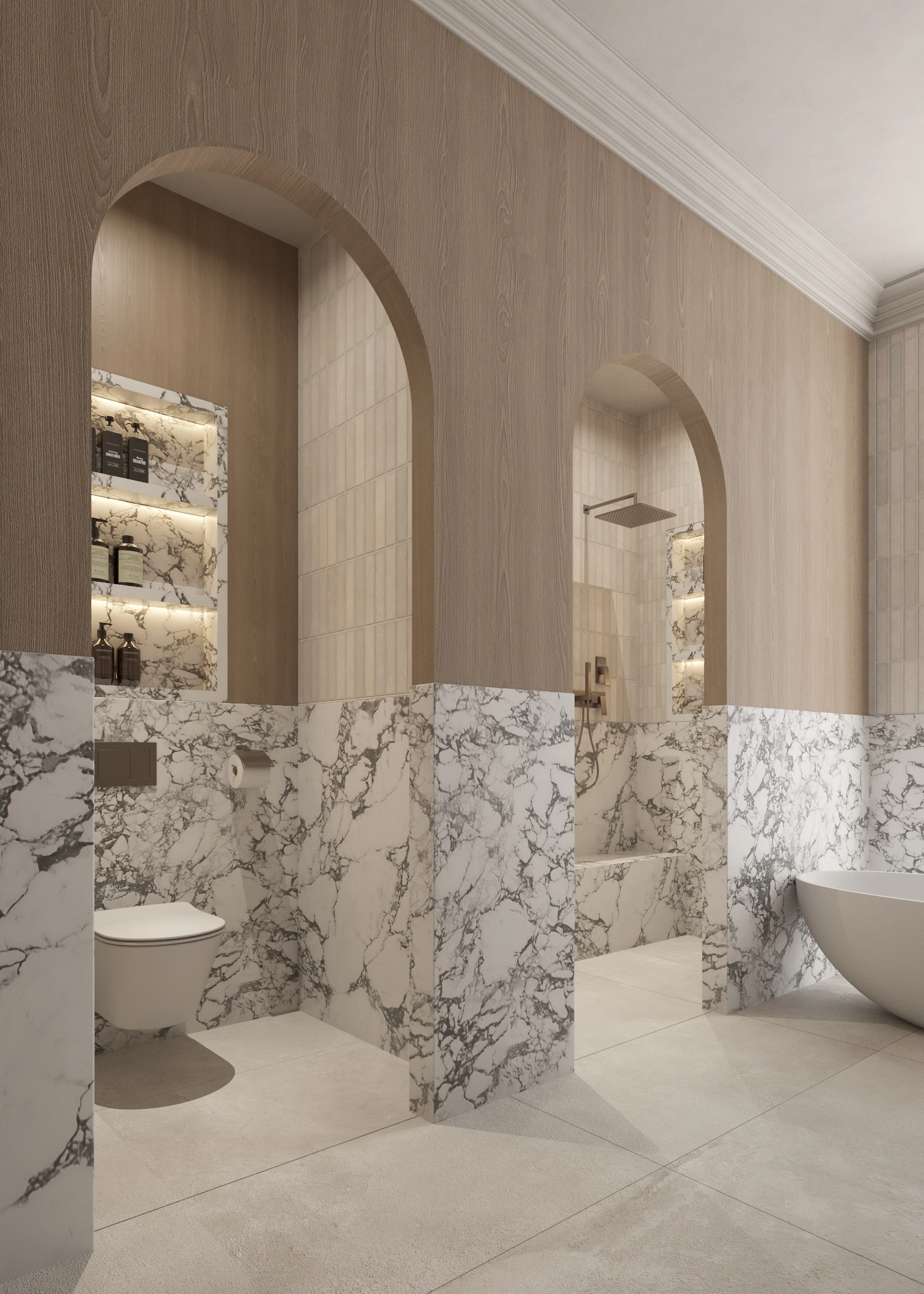 Curved timber openings and marble half-walls framing the bathroom circulation