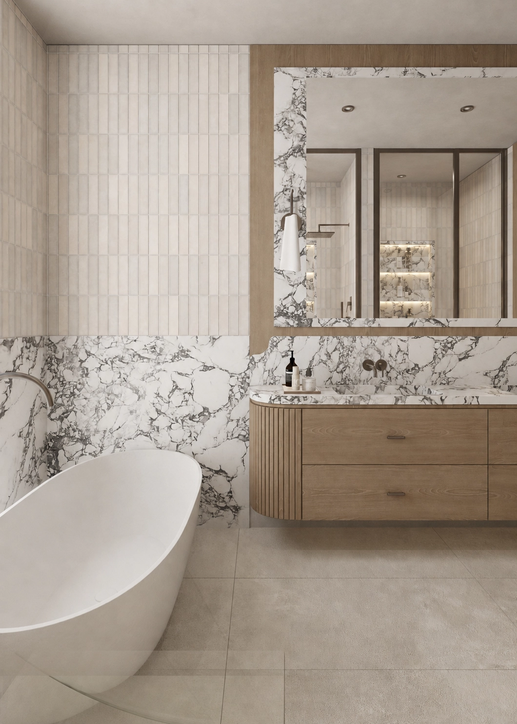 Close view across the freestanding bath toward the timber vanity and mirror
