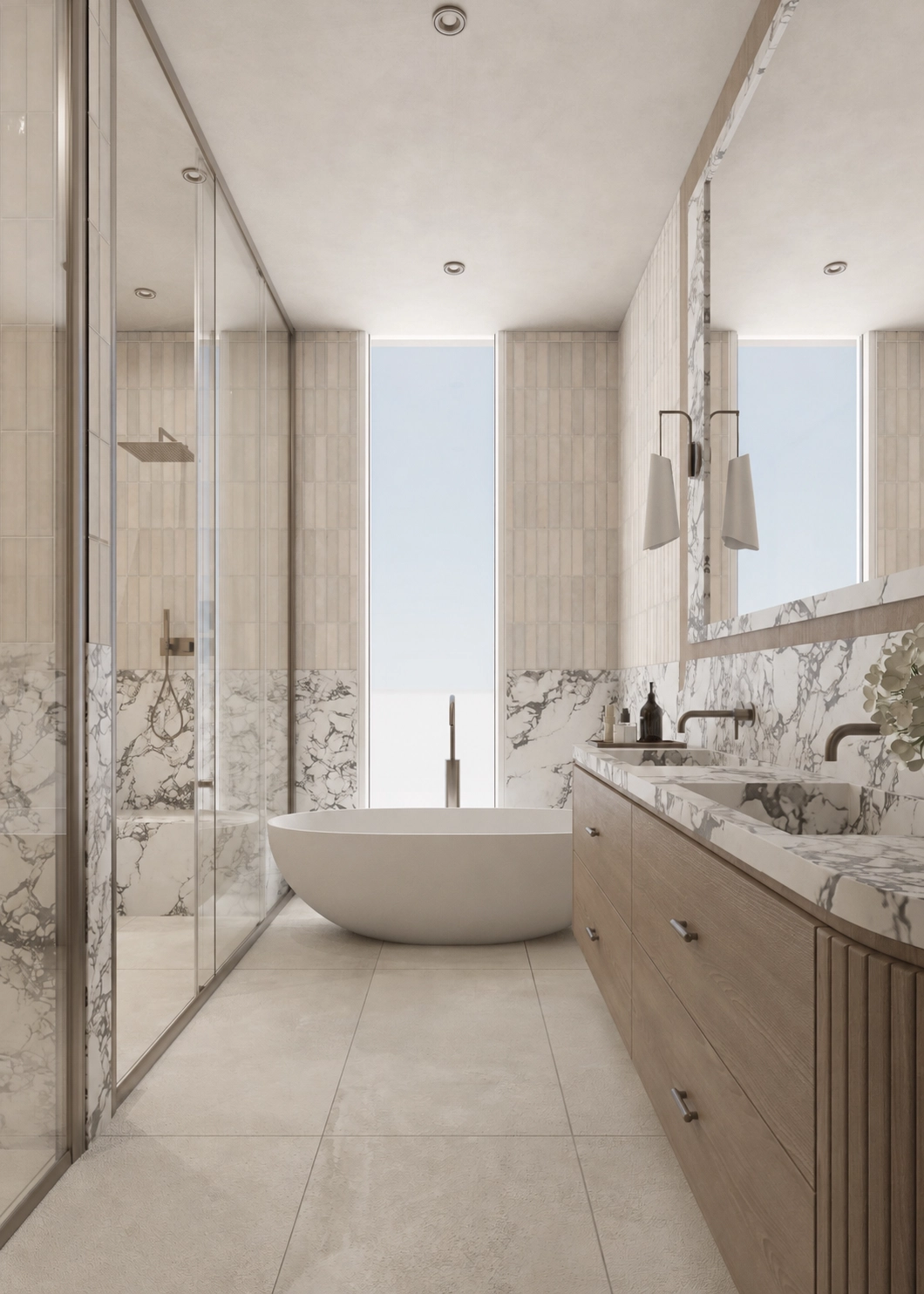 Freestanding bath and timber vanity aligned with a tall bathroom window