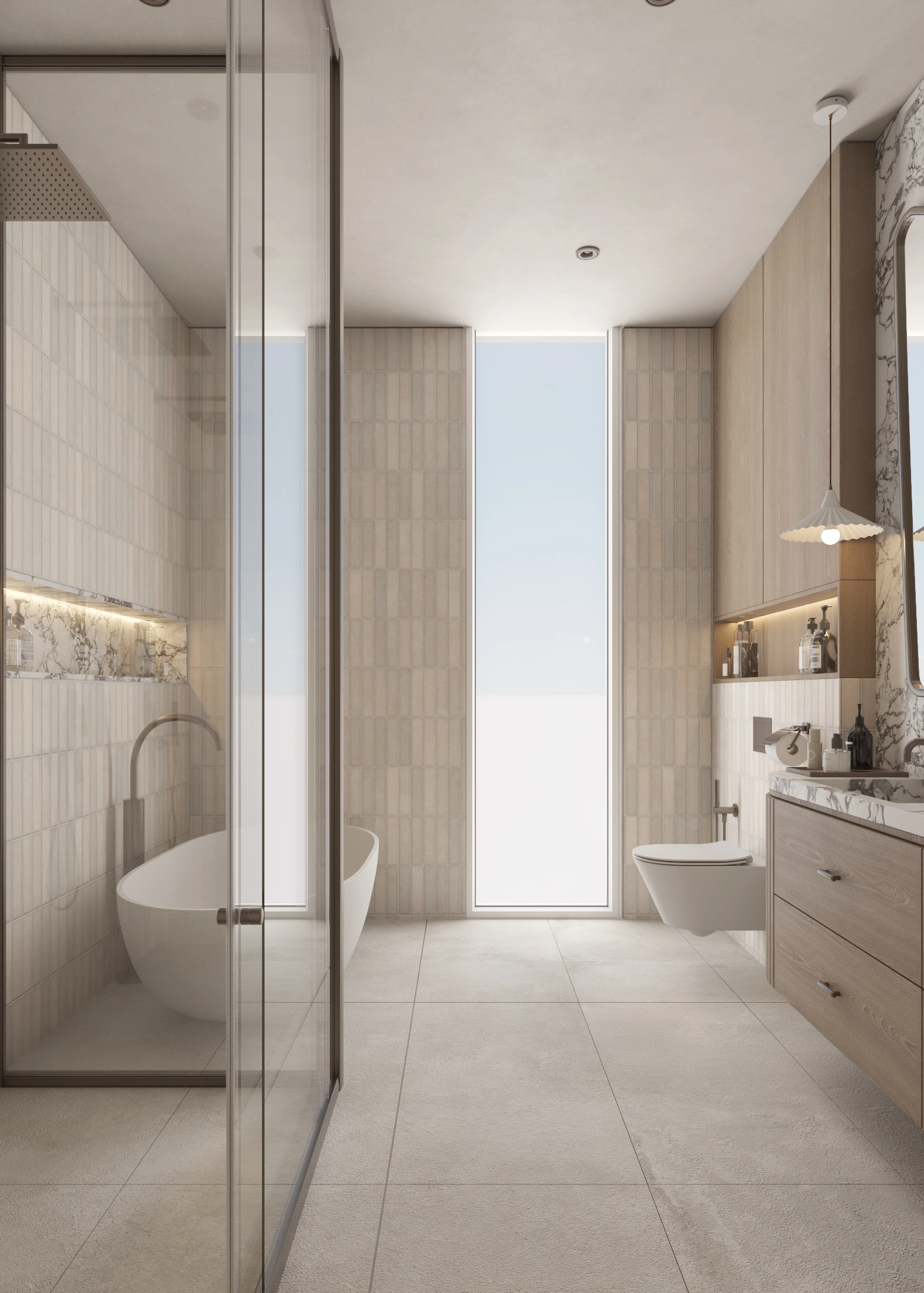 Wide entrance view toward the freestanding bath, vanity and glazed shower