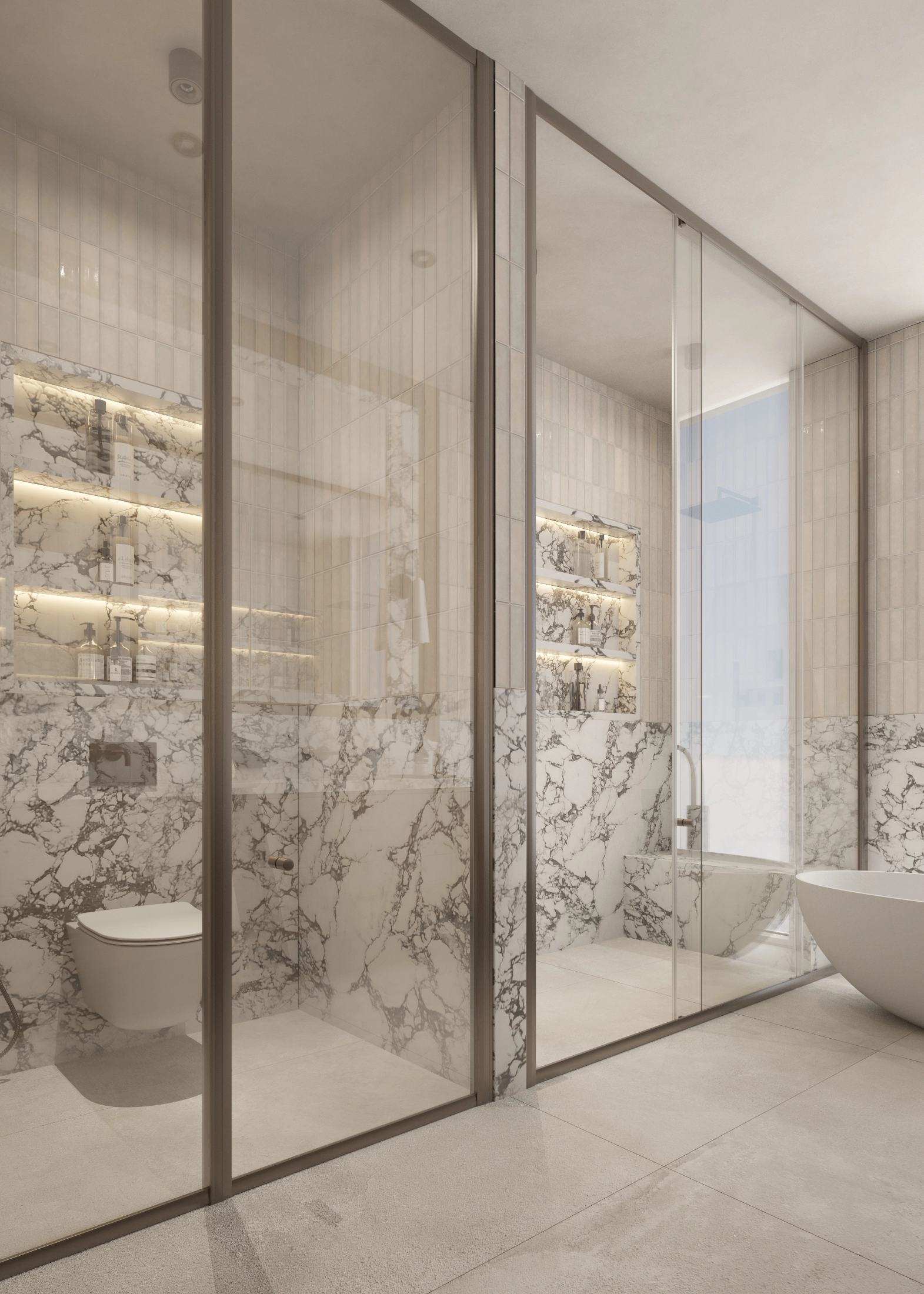Wide view of the glass shower enclosure, freestanding bath and bright window