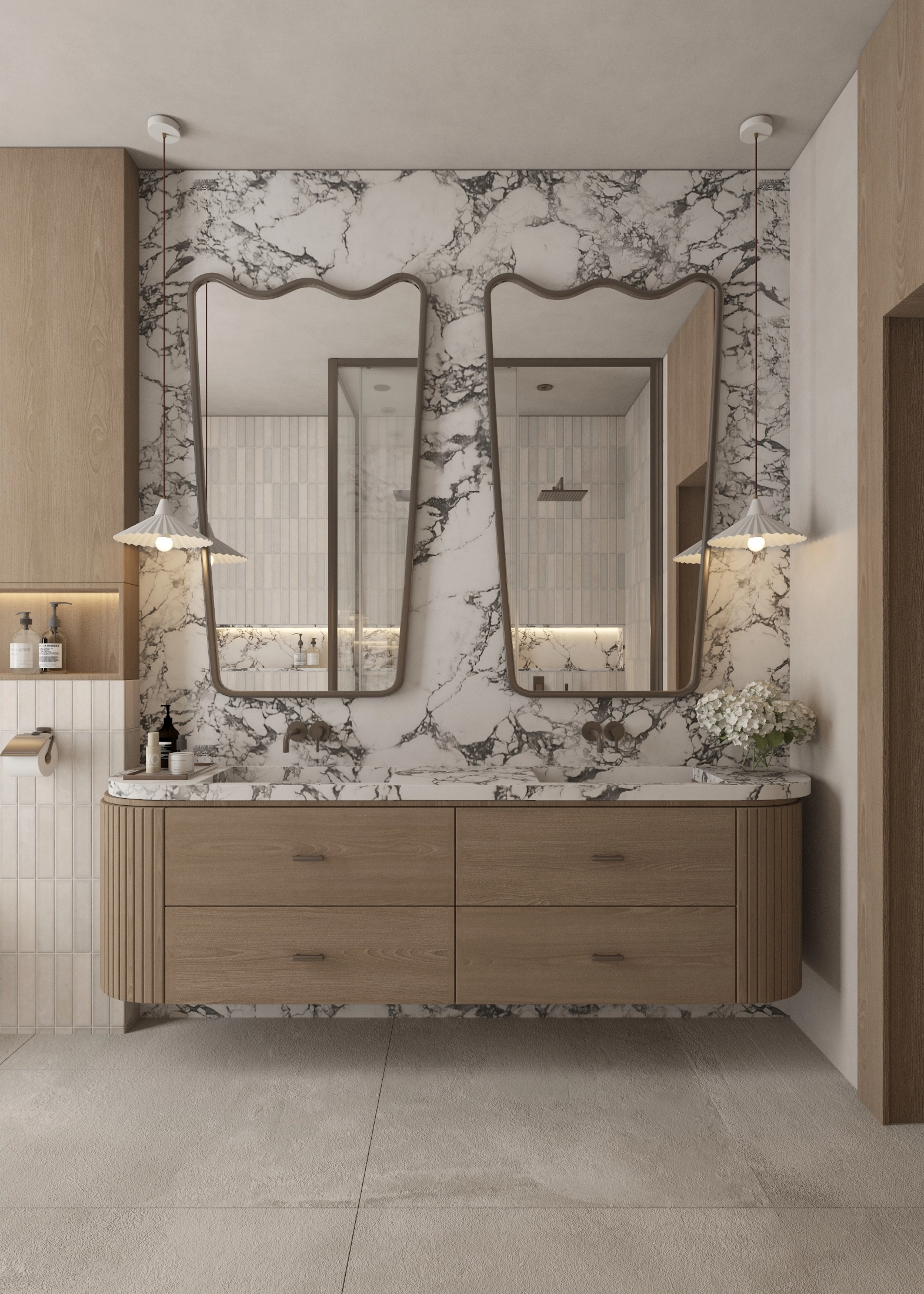 Front view of the timber vanity, veined marble wall and twin mirrors