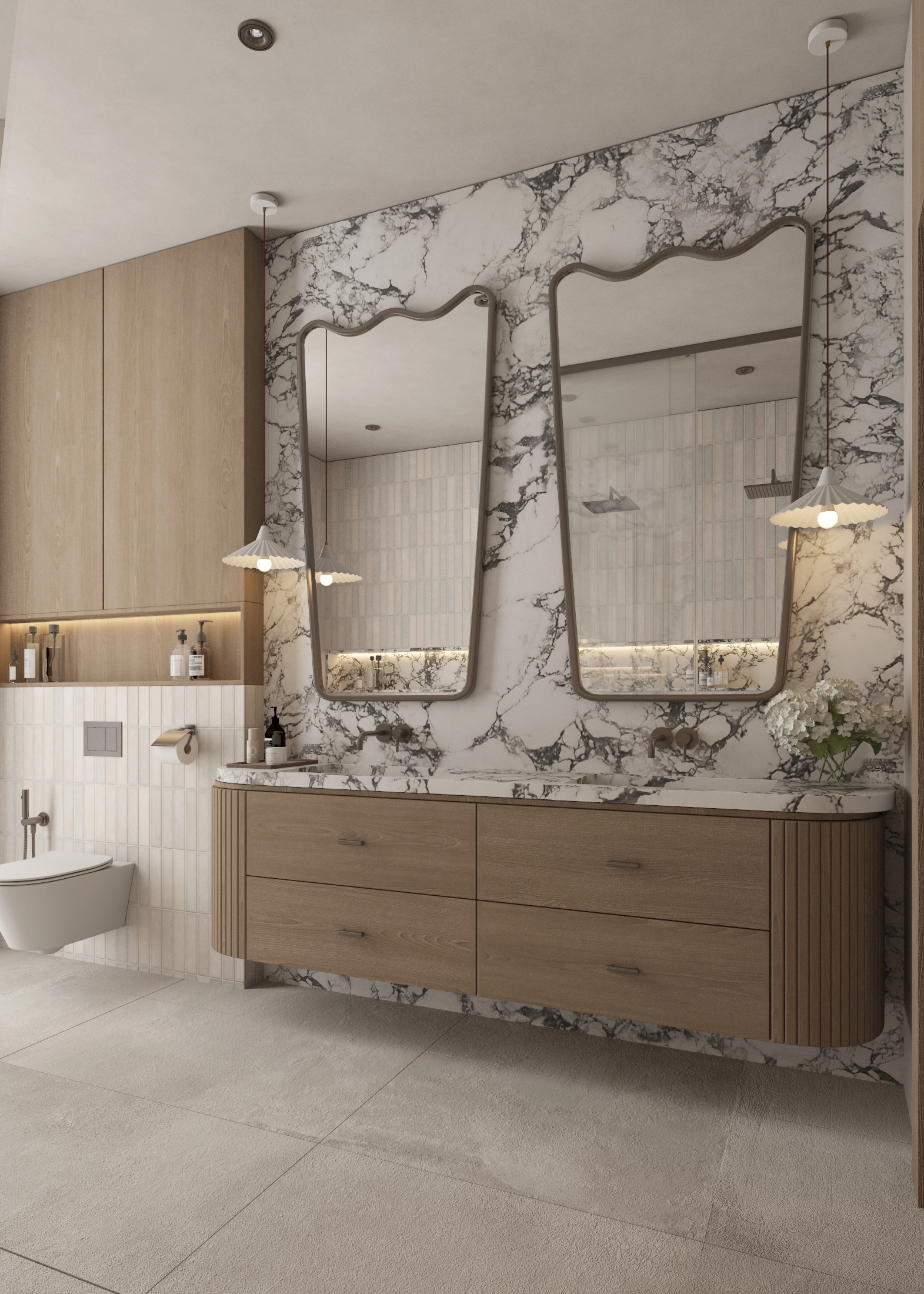 Side view of the marble-backed timber vanity and pair of framed mirrors