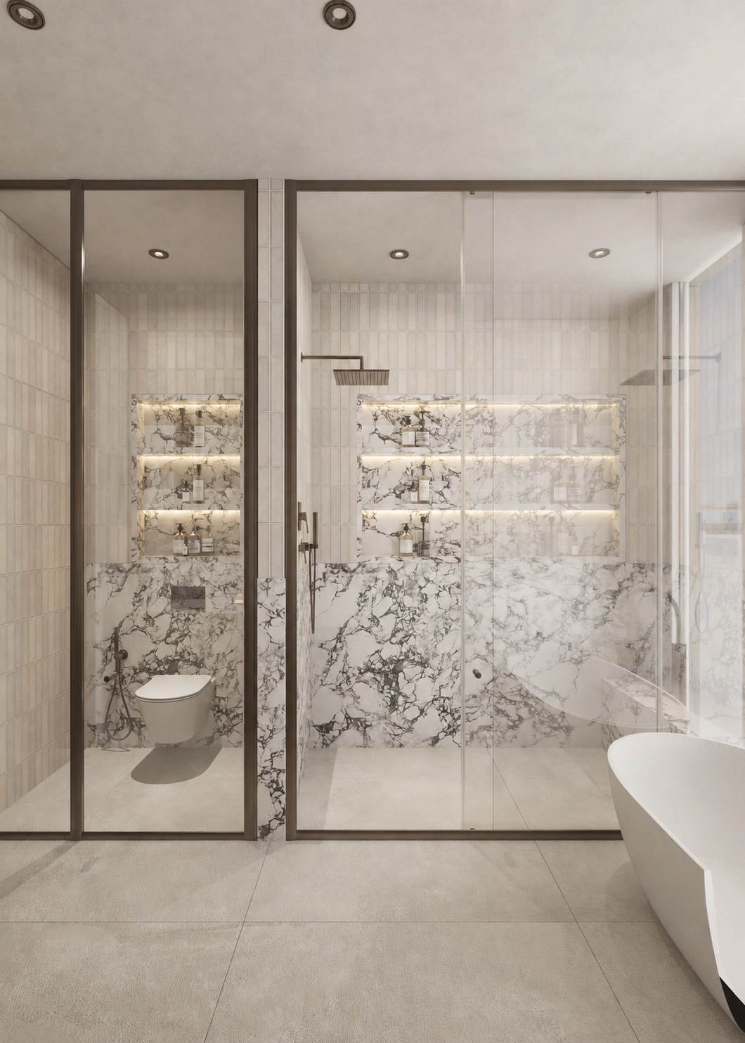 Glazed shower doors opening toward the freestanding bath and marble niche wall