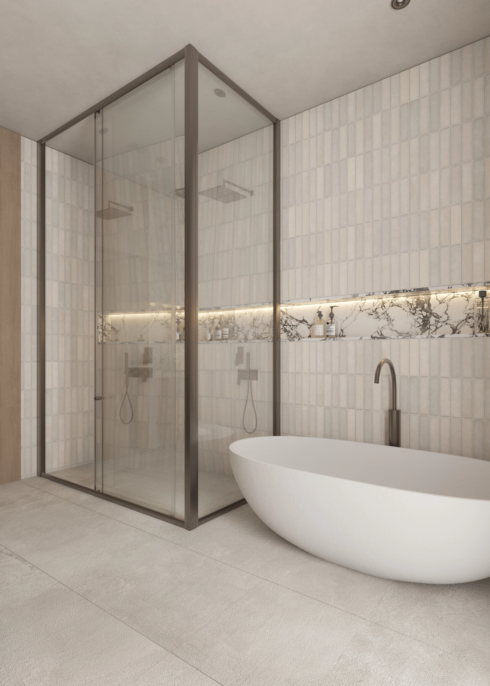 Black-framed shower enclosure beside the freestanding bath