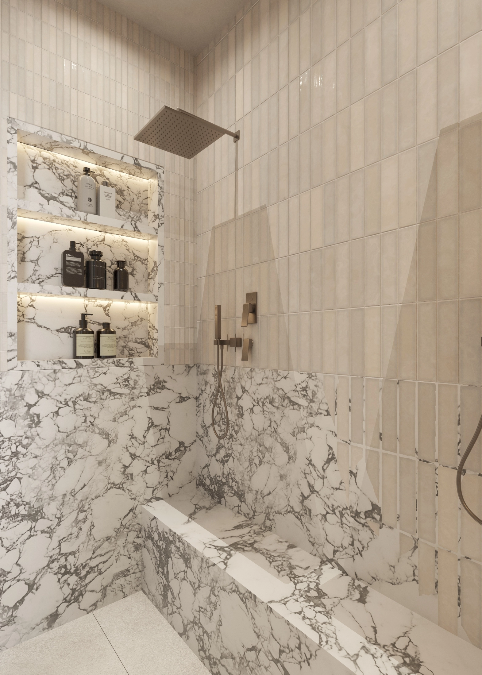 Marble-lined shower area with rainfall fitting and illuminated product niches