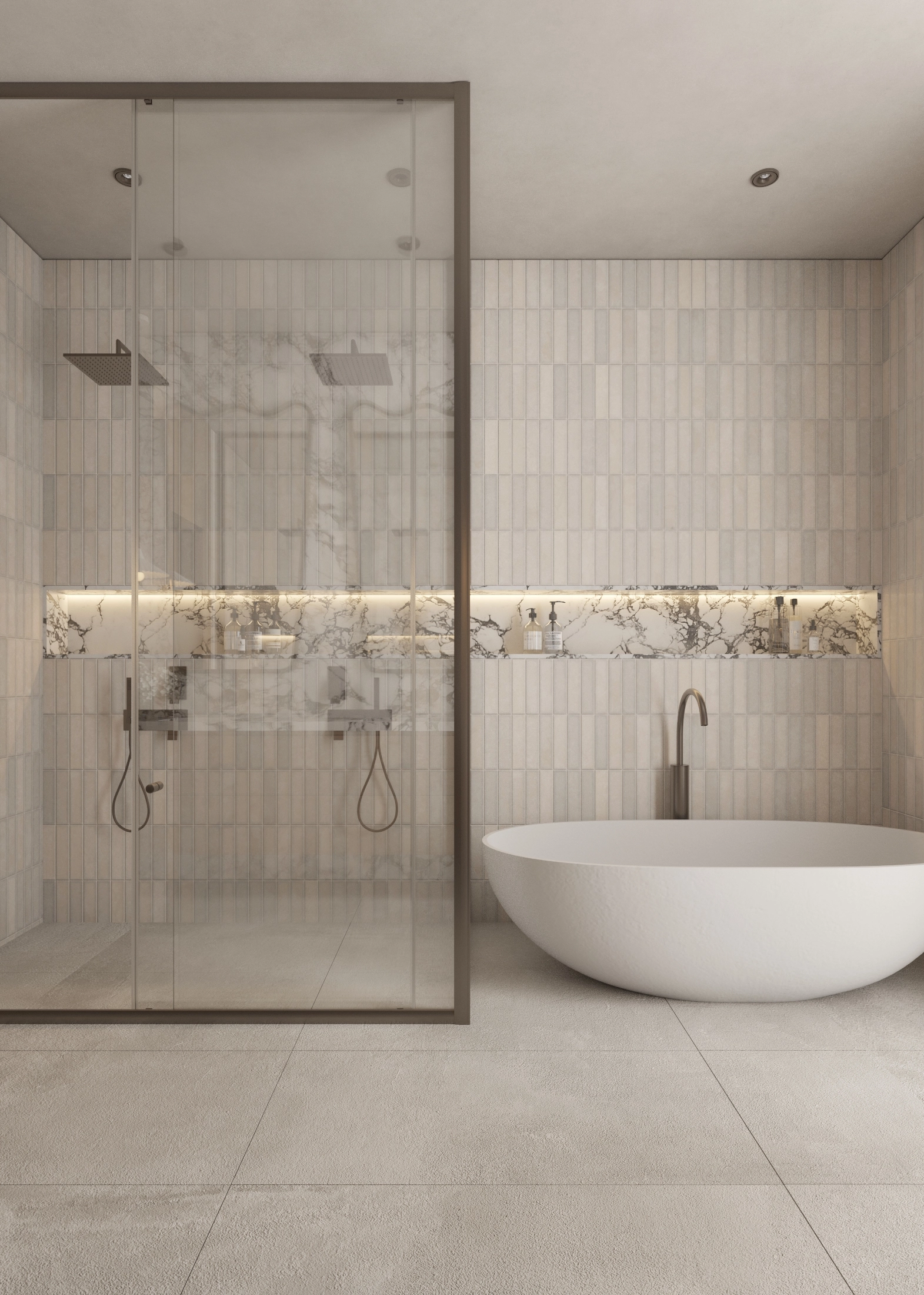 Alternate glass shower view toward the freestanding bath and lit wall niche