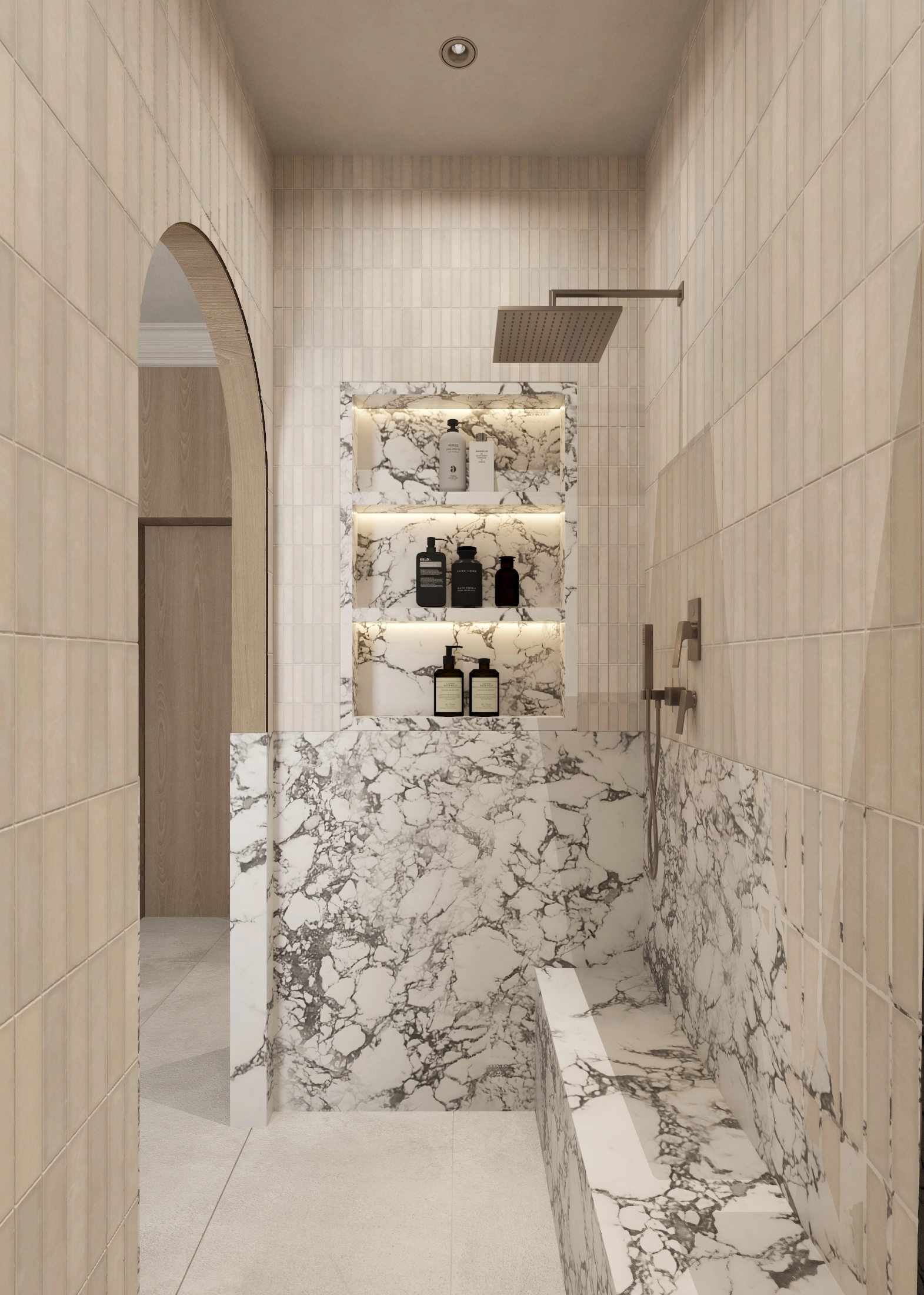 Marble shower bench between twin rainfall fittings and arched doorway