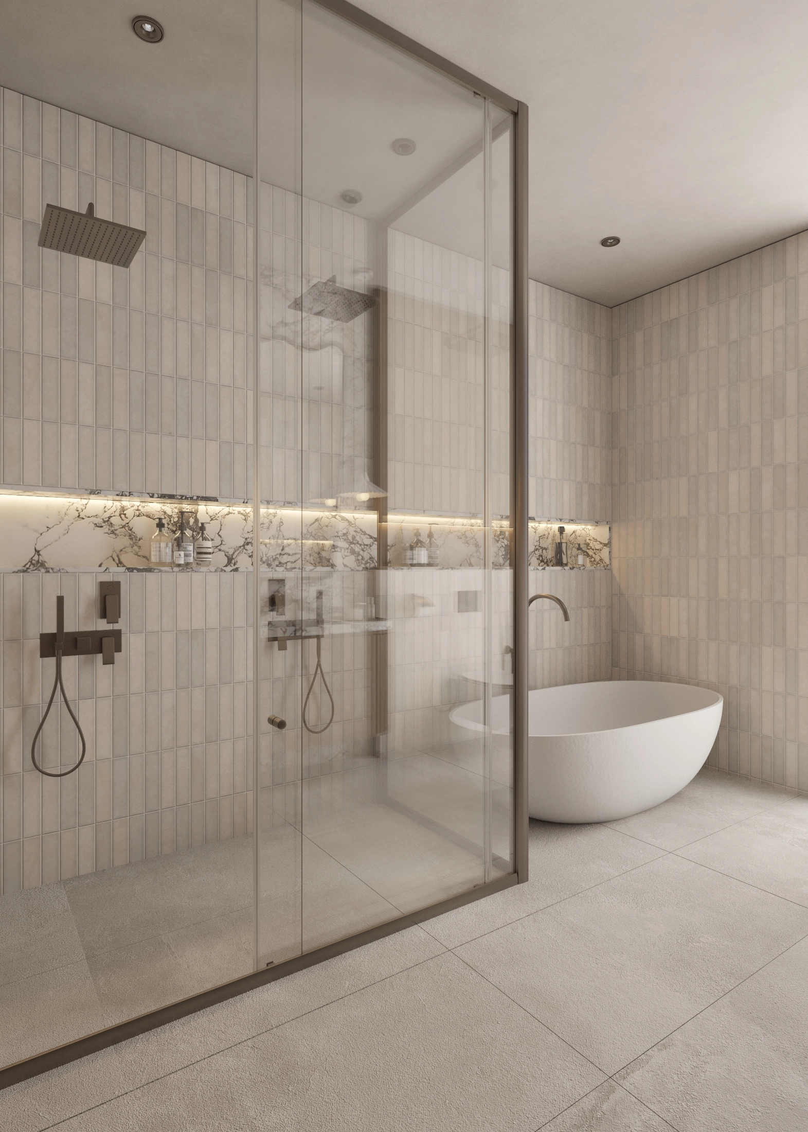 Glass shower enclosure with marble bench and the freestanding bath beyond