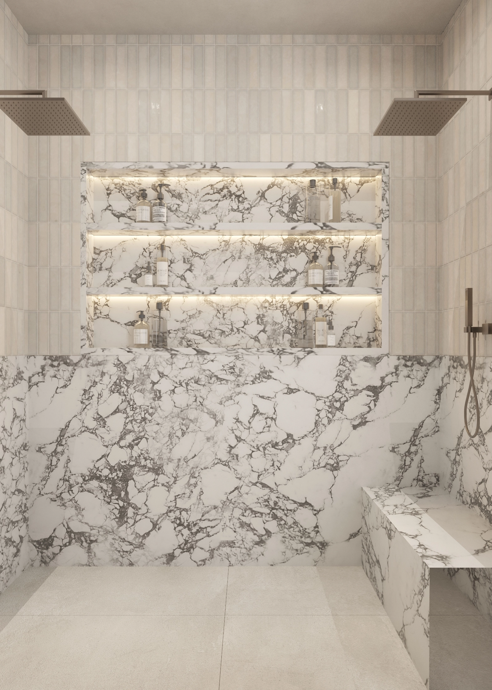 Twin showers facing an illuminated marble feature wall with product niches