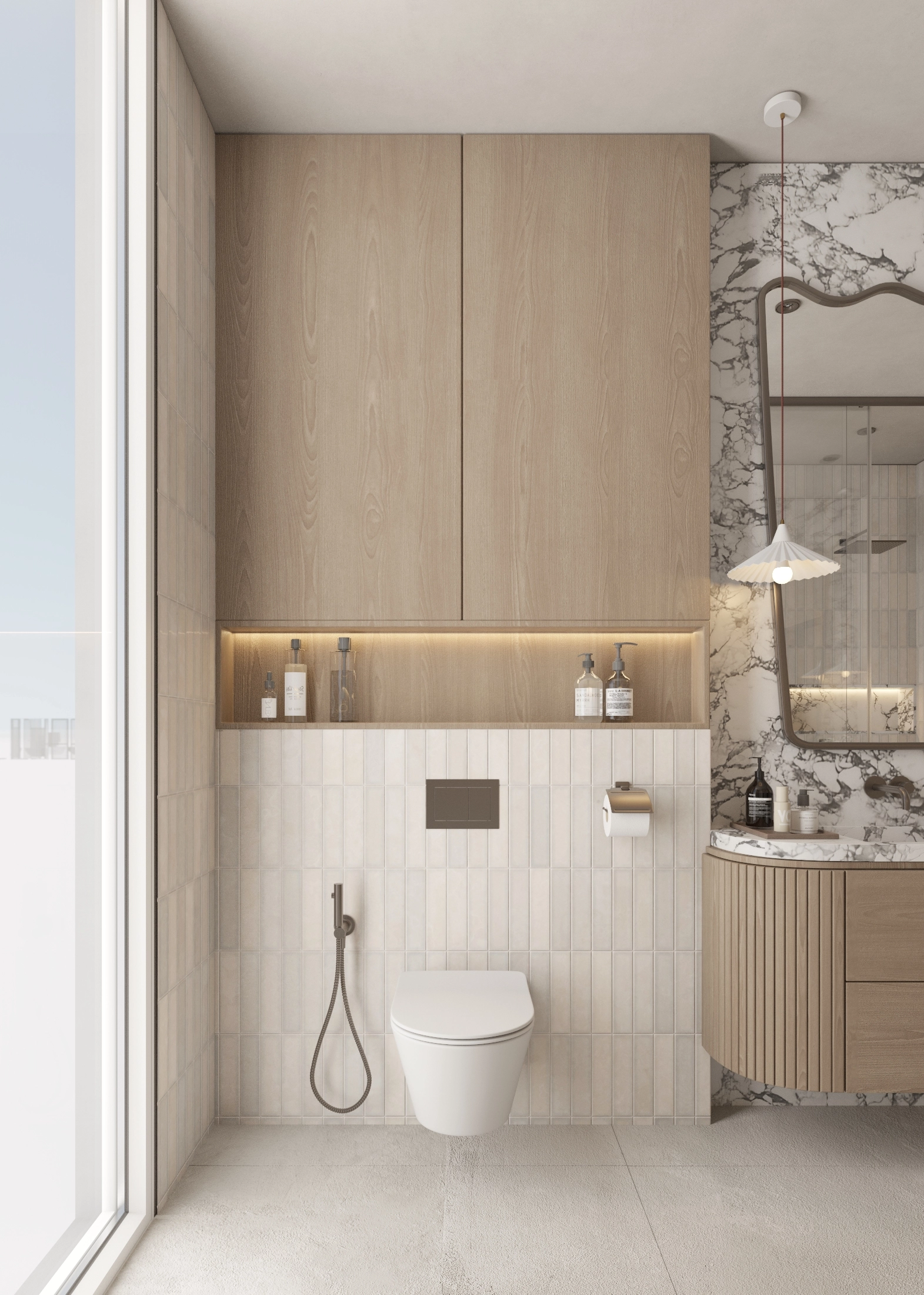Alternate view of the toilet, timber vanity and softly lit marble wall