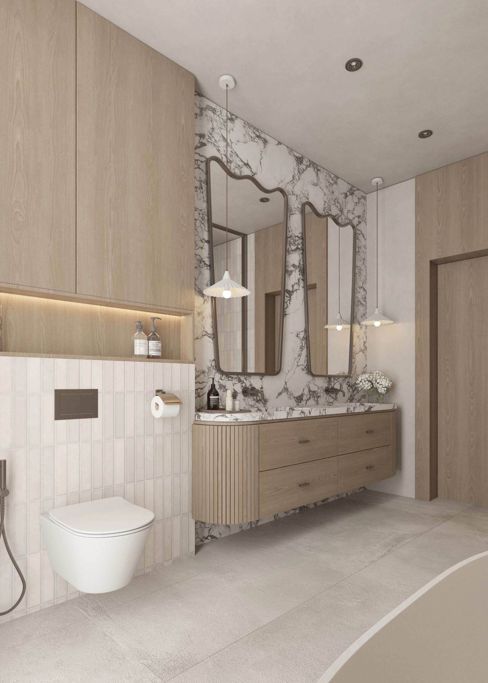Wall-mounted toilet beside a long timber vanity and marble wall lights