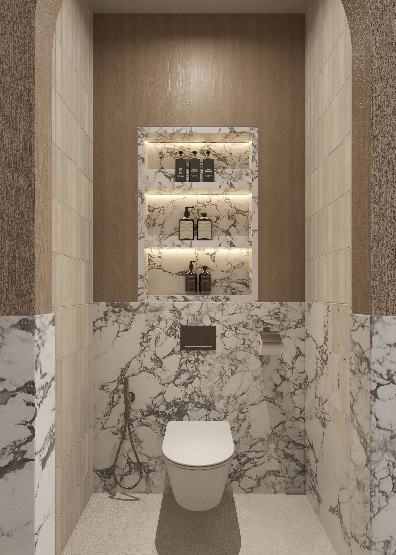 Wall-mounted toilet below illuminated marble shelving and a tall arched opening