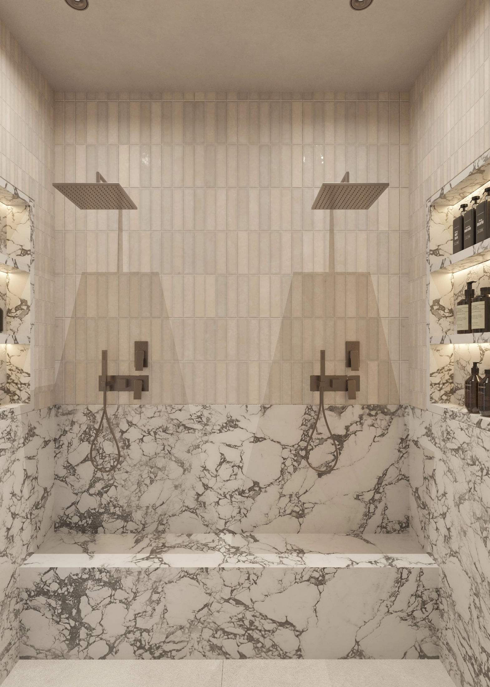 Twin rainfall showers above a marble bench and lit display shelving