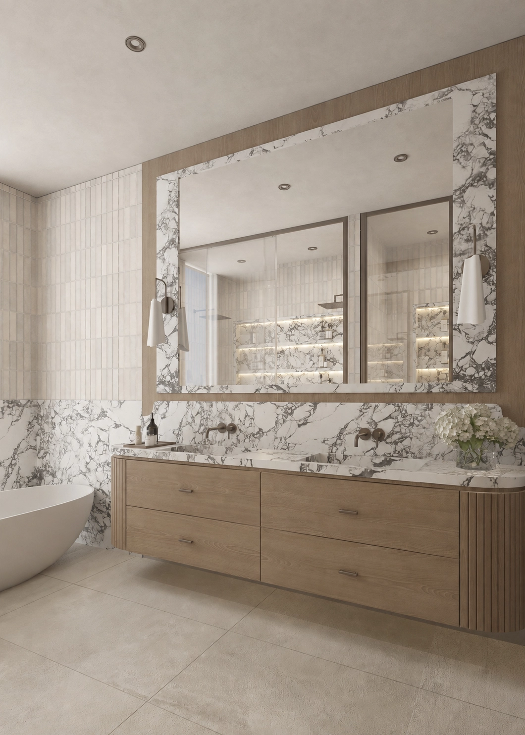 Alternate angle across the marble counter and timber vanity drawers