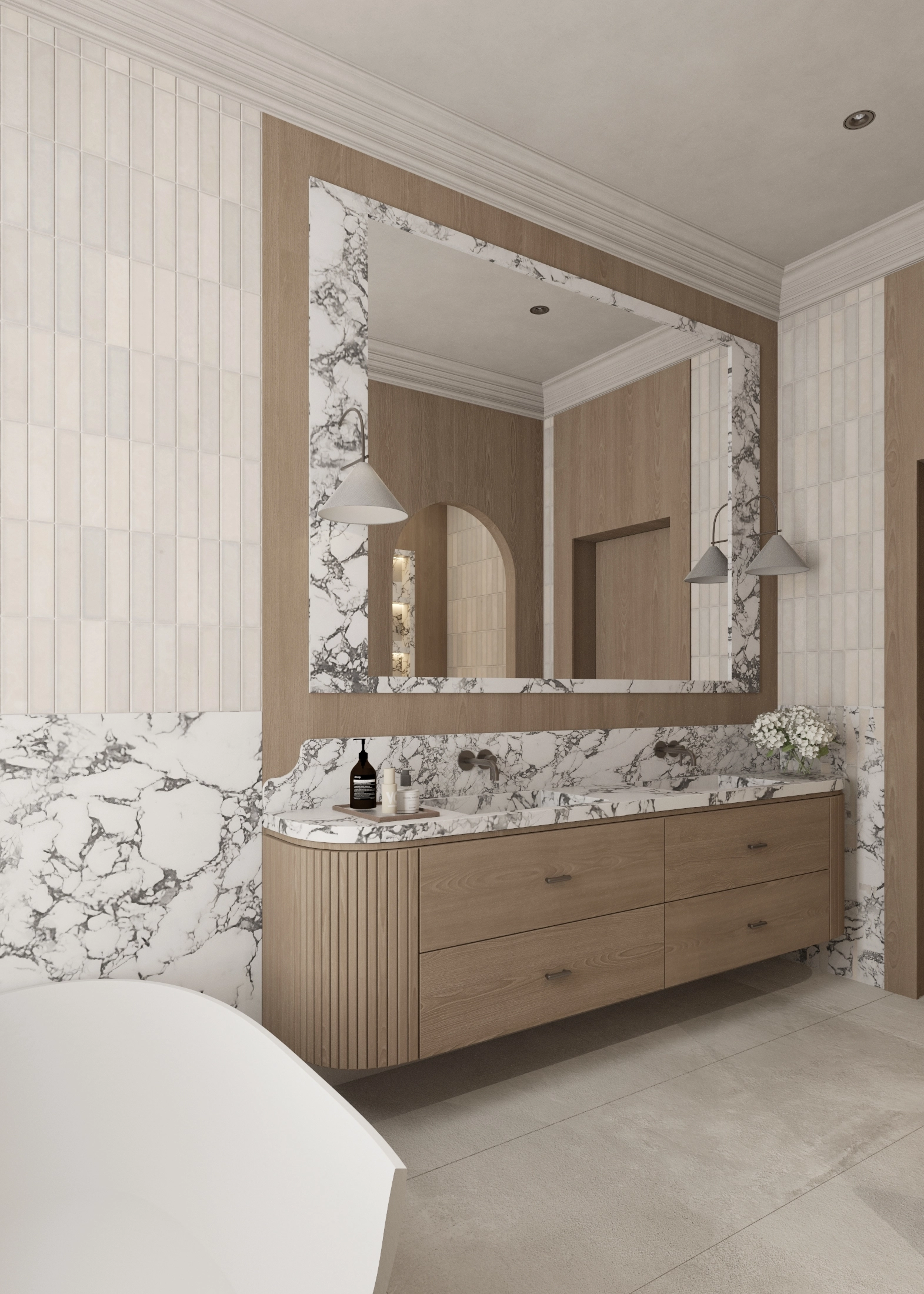 Alternate vanity view with the freestanding bath in the foreground