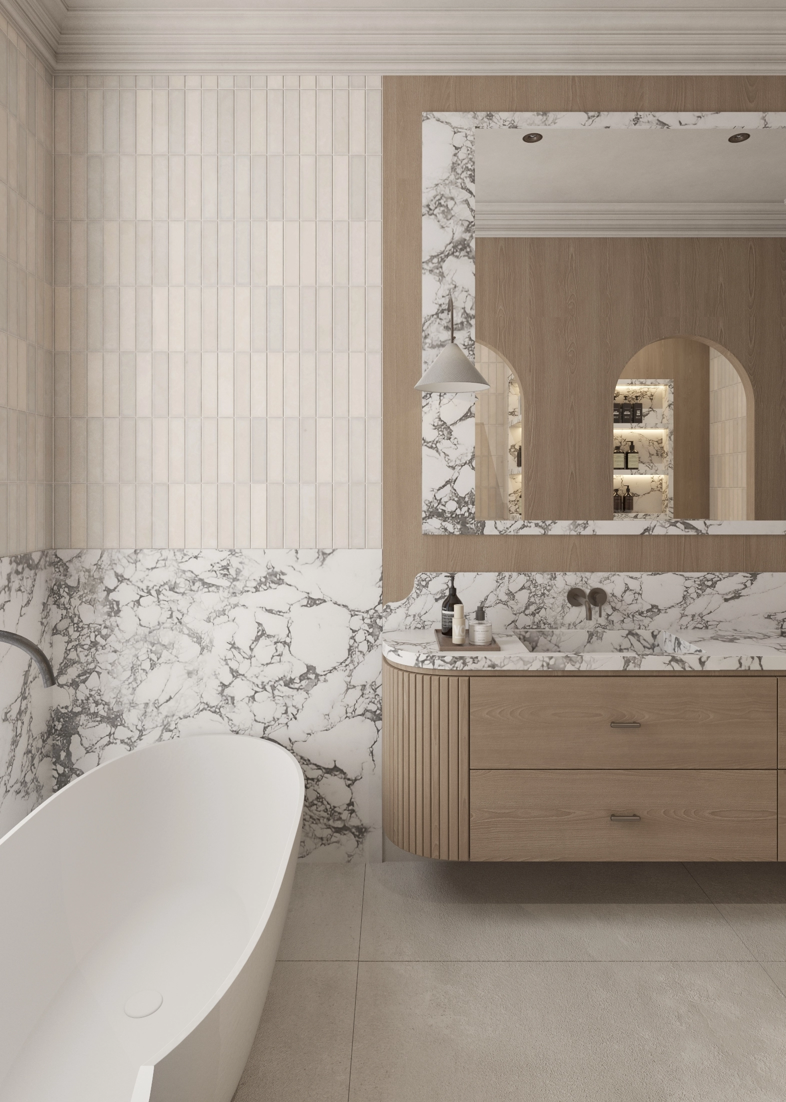 Timber vanity and framed mirror overlooking the freestanding bath