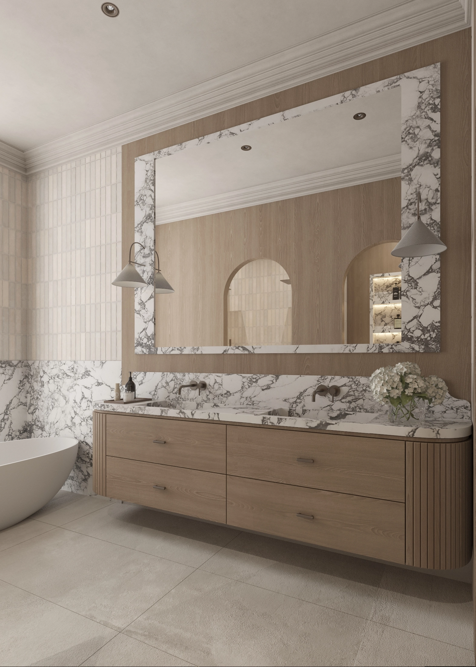 Angled view of the timber vanity, marble mirror frame and freestanding bath