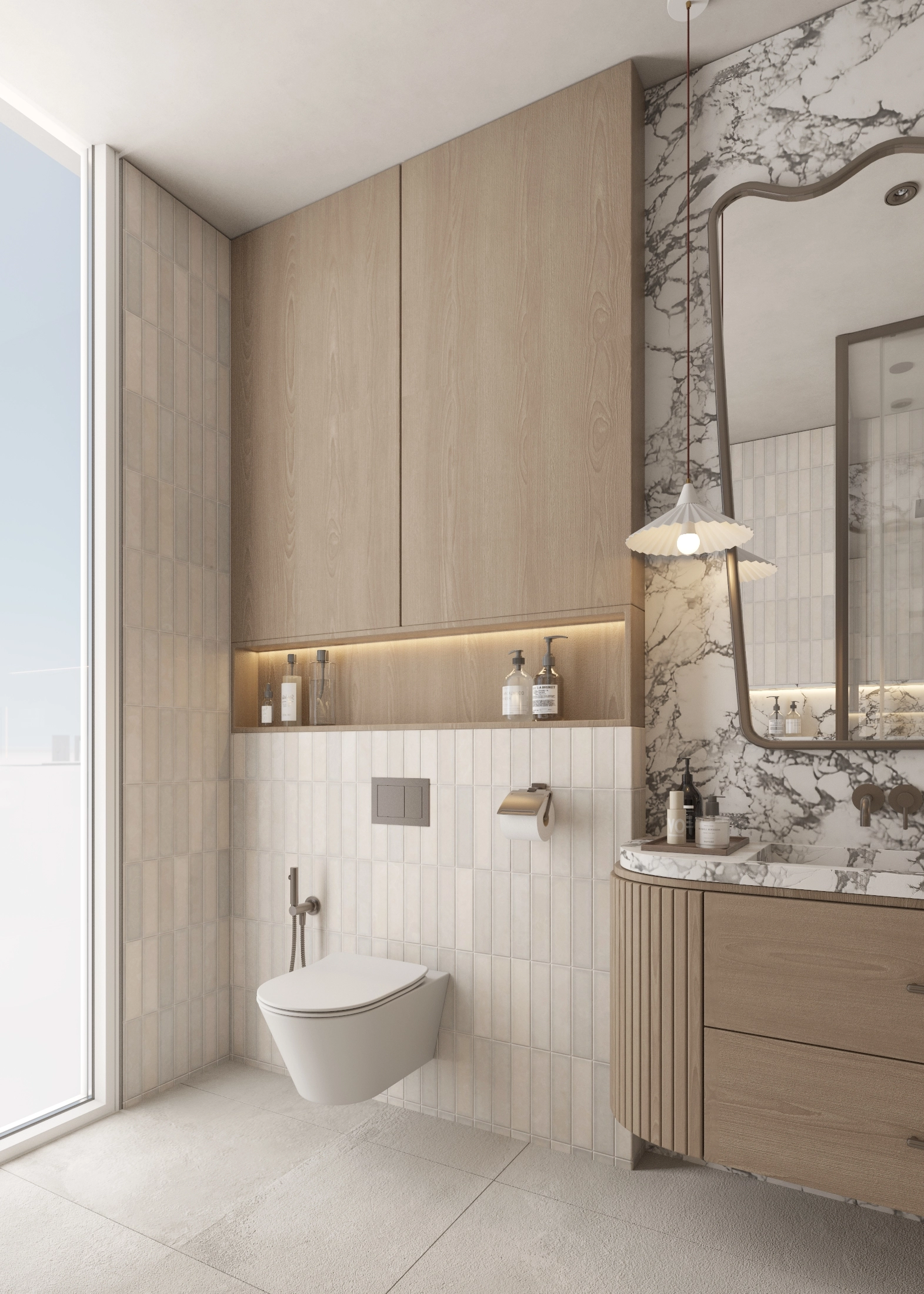 Washbasin end of the timber vanity beside a tall window and wall-mounted toilet
