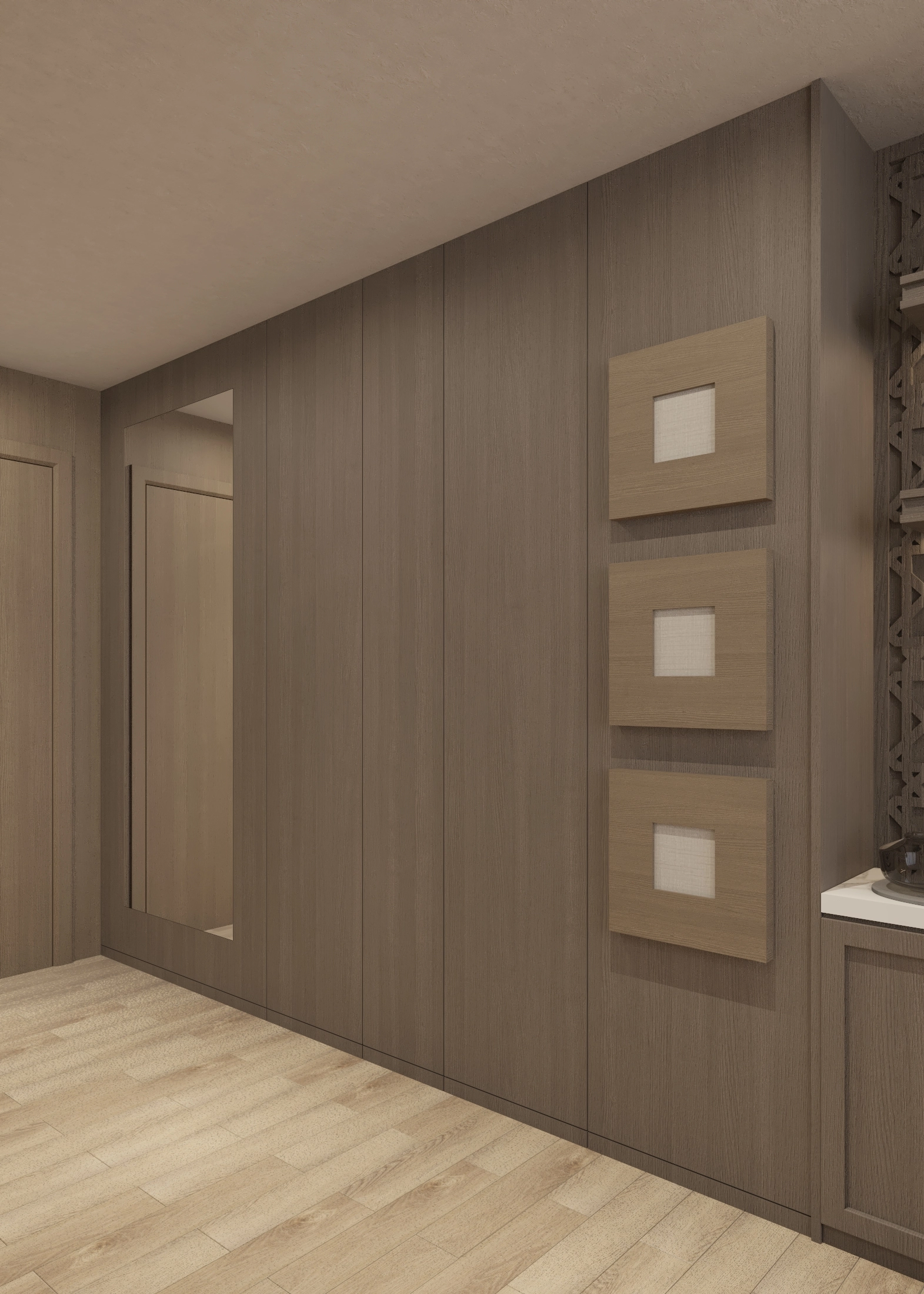 Entrance hallway with a full-height mirror, warm timber panelling and framed wall accents