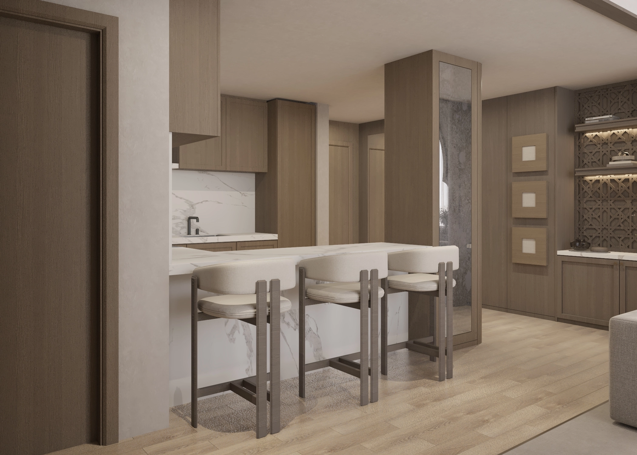 Angled kitchen view with a marble island, upholstered stools, mirrored column and display cabinet