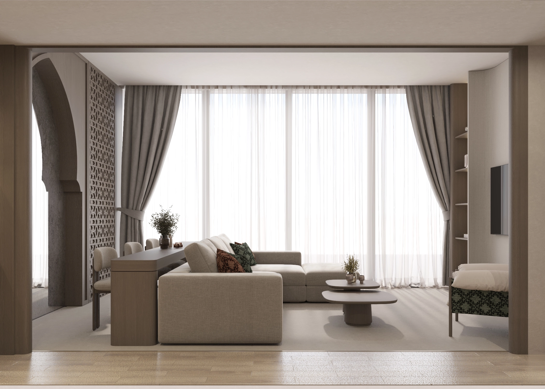 Wide view from the entrance across the open living and dining room toward full-height curtains