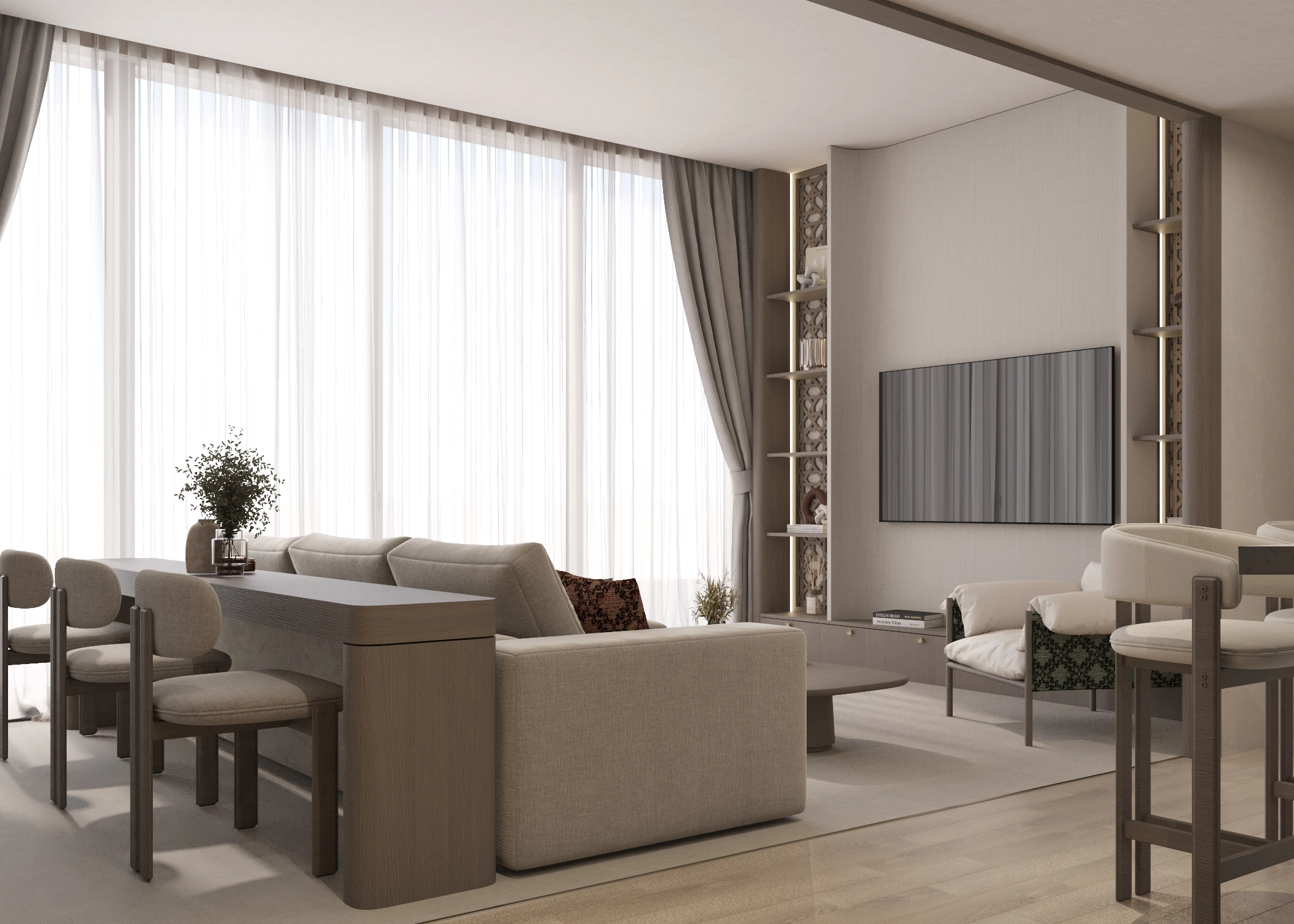 Open dining and living composition facing the illuminated patterned television wall