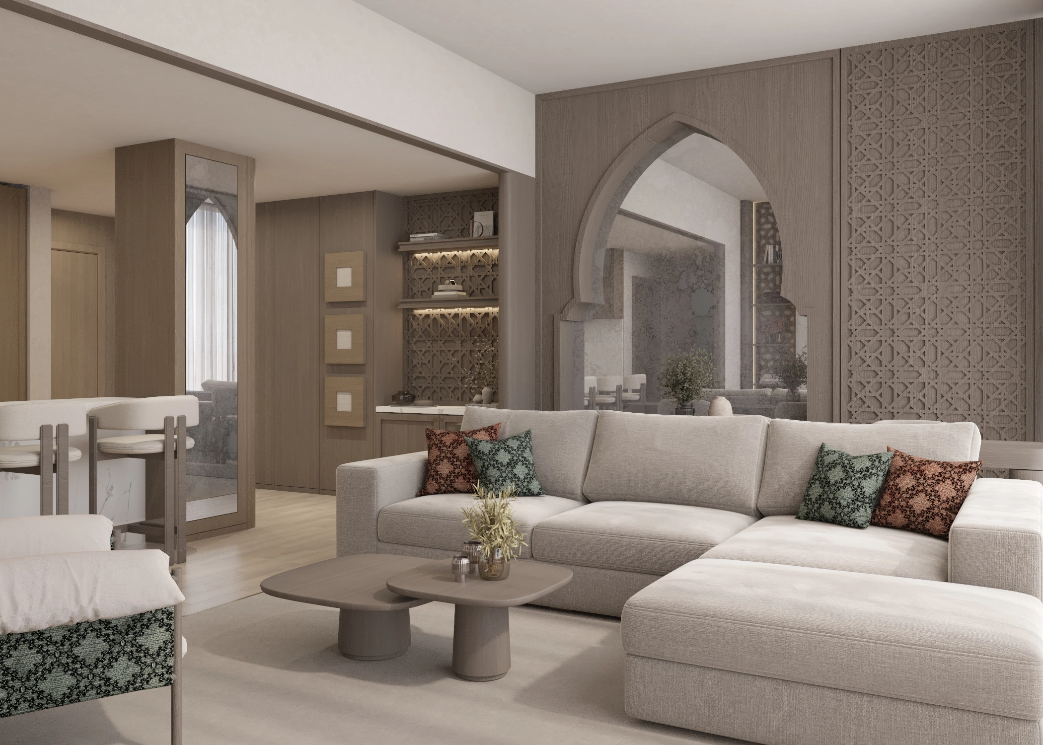Wide living room view with an arched mirror, pale sofa and the kitchen island at the edge