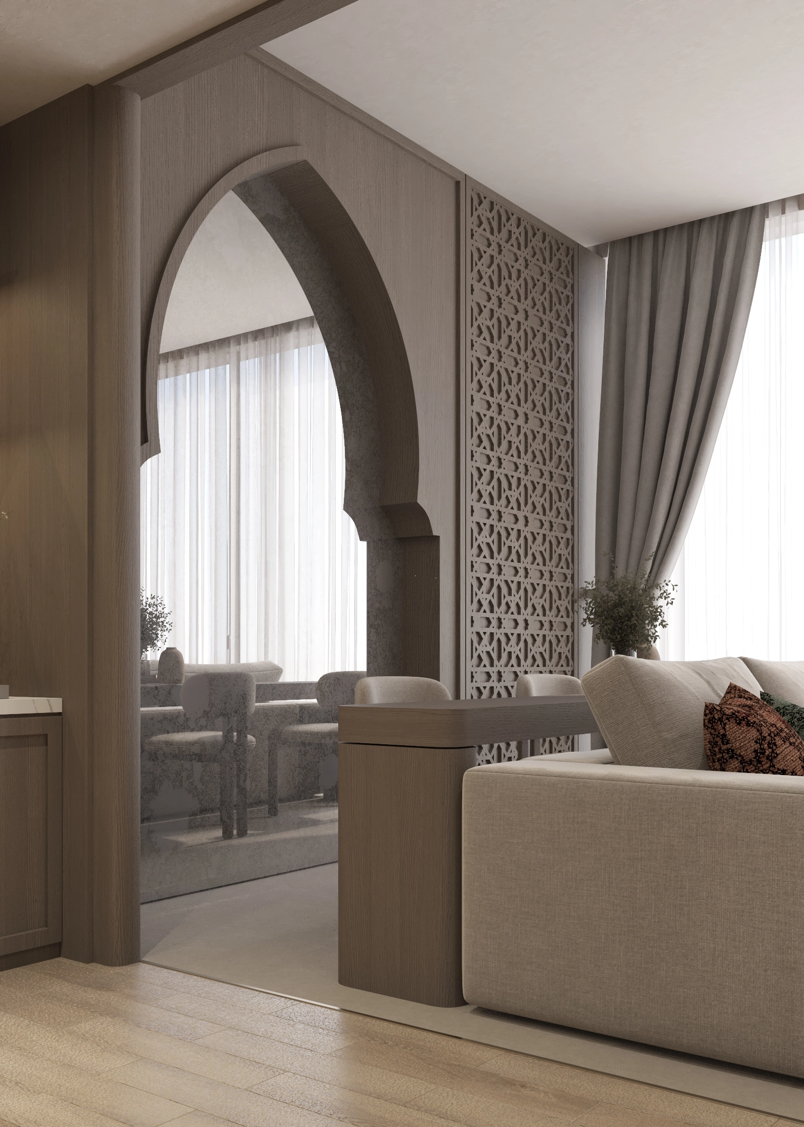 Vertical view of the arched mirror and patterned screen between the living and dining spaces