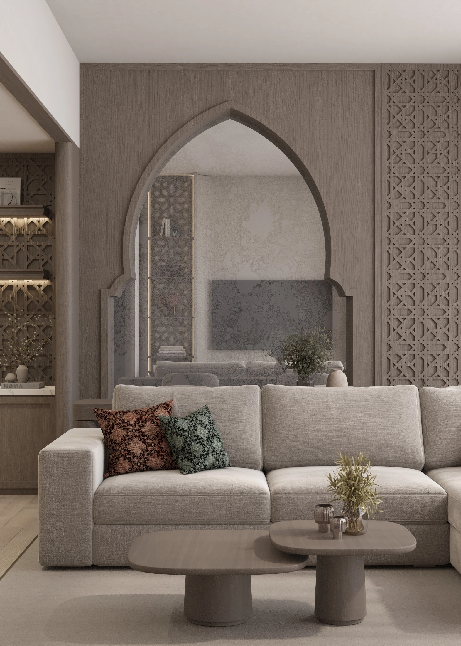 Portrait living room view with pale seating, nested tables, an arched mirror and patterned panels