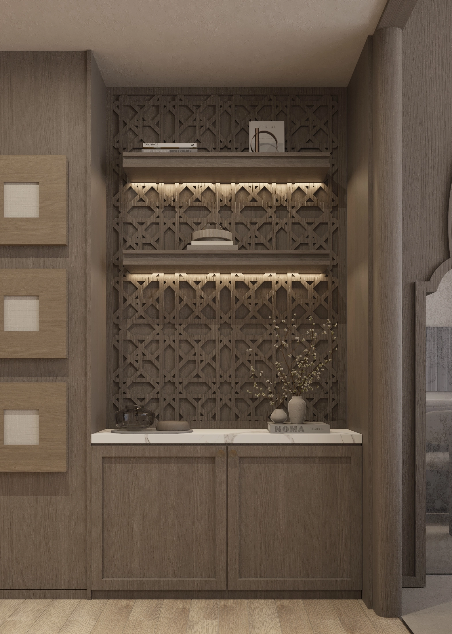 Illuminated display cabinet with a patterned back, timber shelving and curated objects