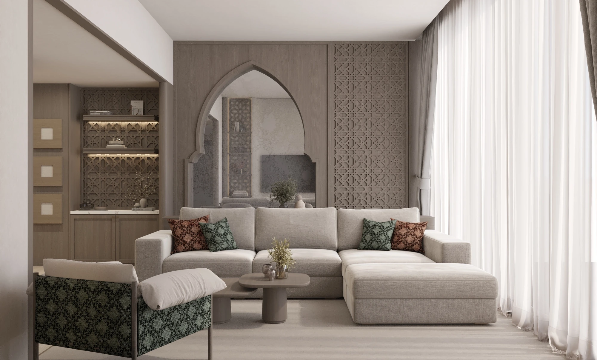 Azizi Riviera Apartment living room with an arched mirror, pale sectional and patterned joinery