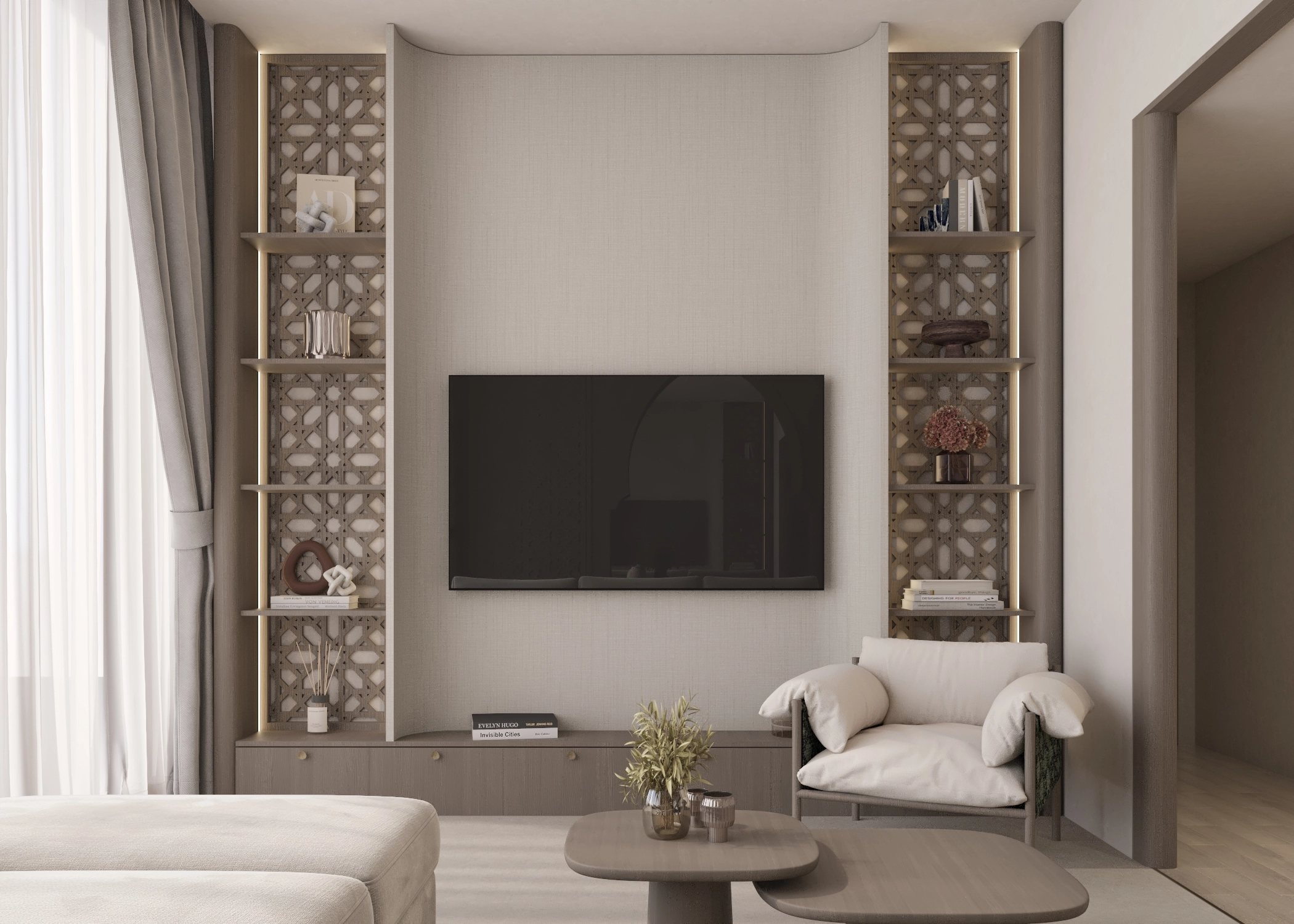 Living room television wall framed by illuminated patterned shelving and a lounge chair
