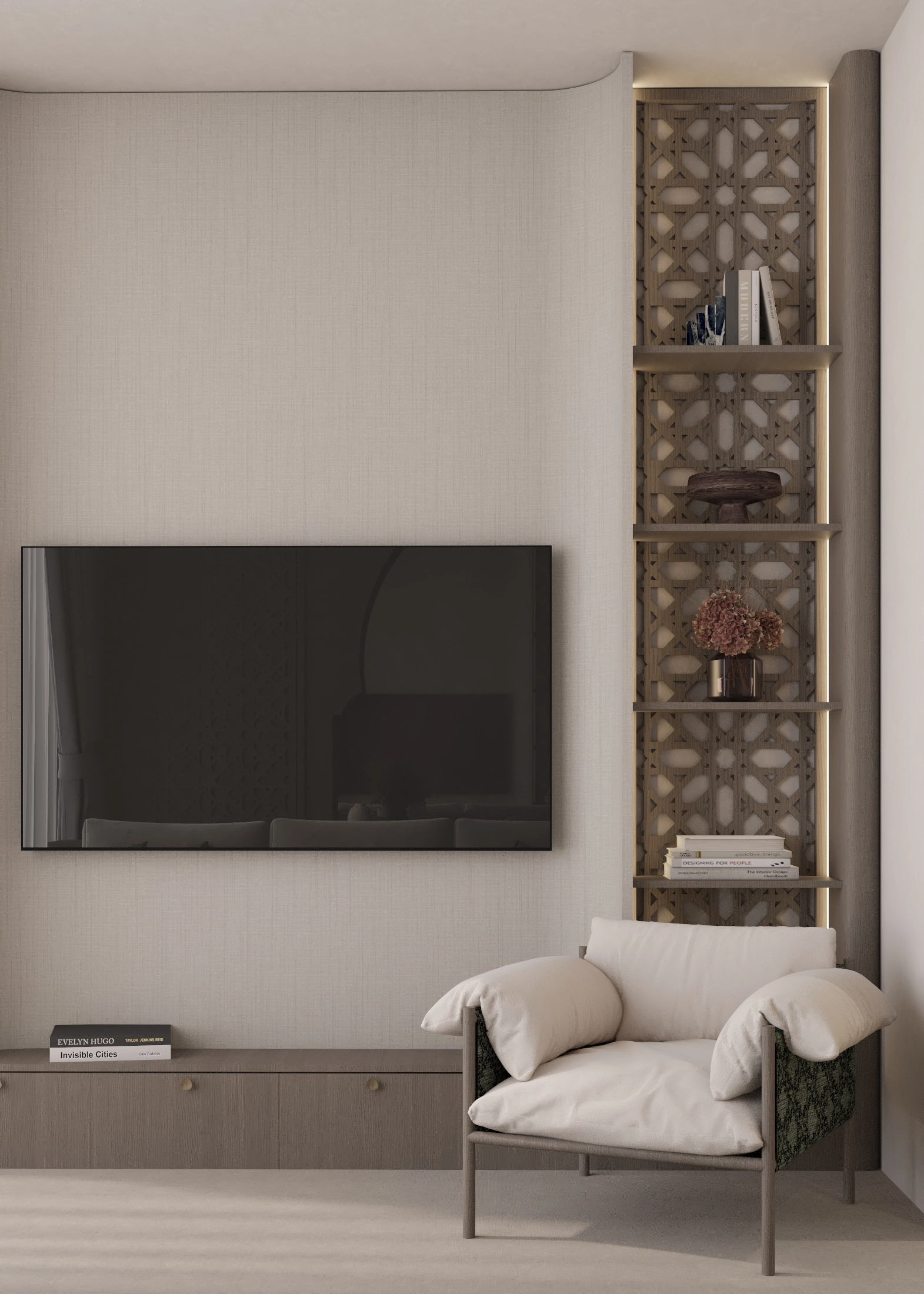 Portrait view of the living room television wall with illuminated patterned shelves and a lounge chair