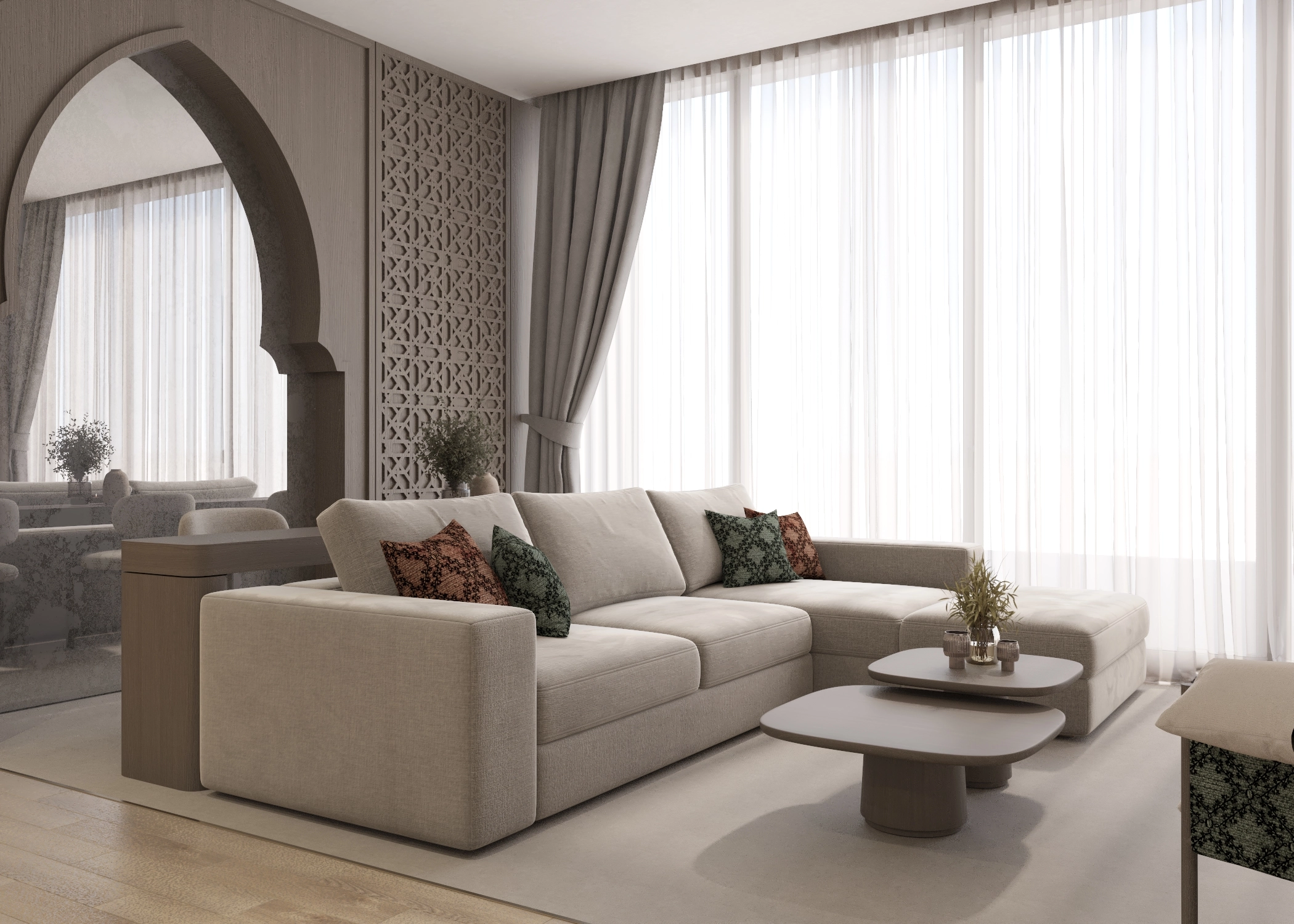 Angled living room view with a pale sectional, arched mirror and full-height sheer curtains
