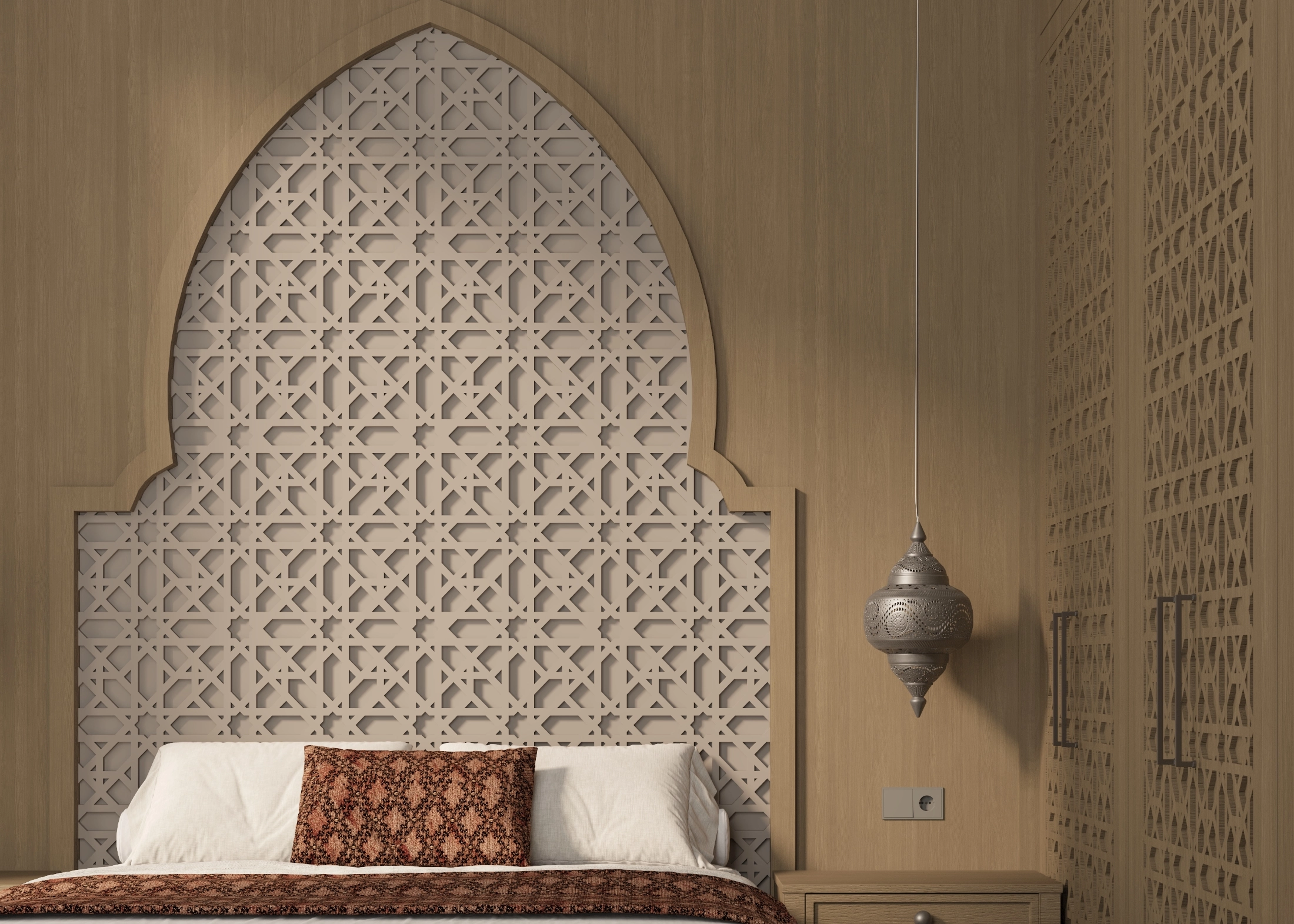 Bedroom headboard detail with an arched lattice panel, pendant light and pale upholstery