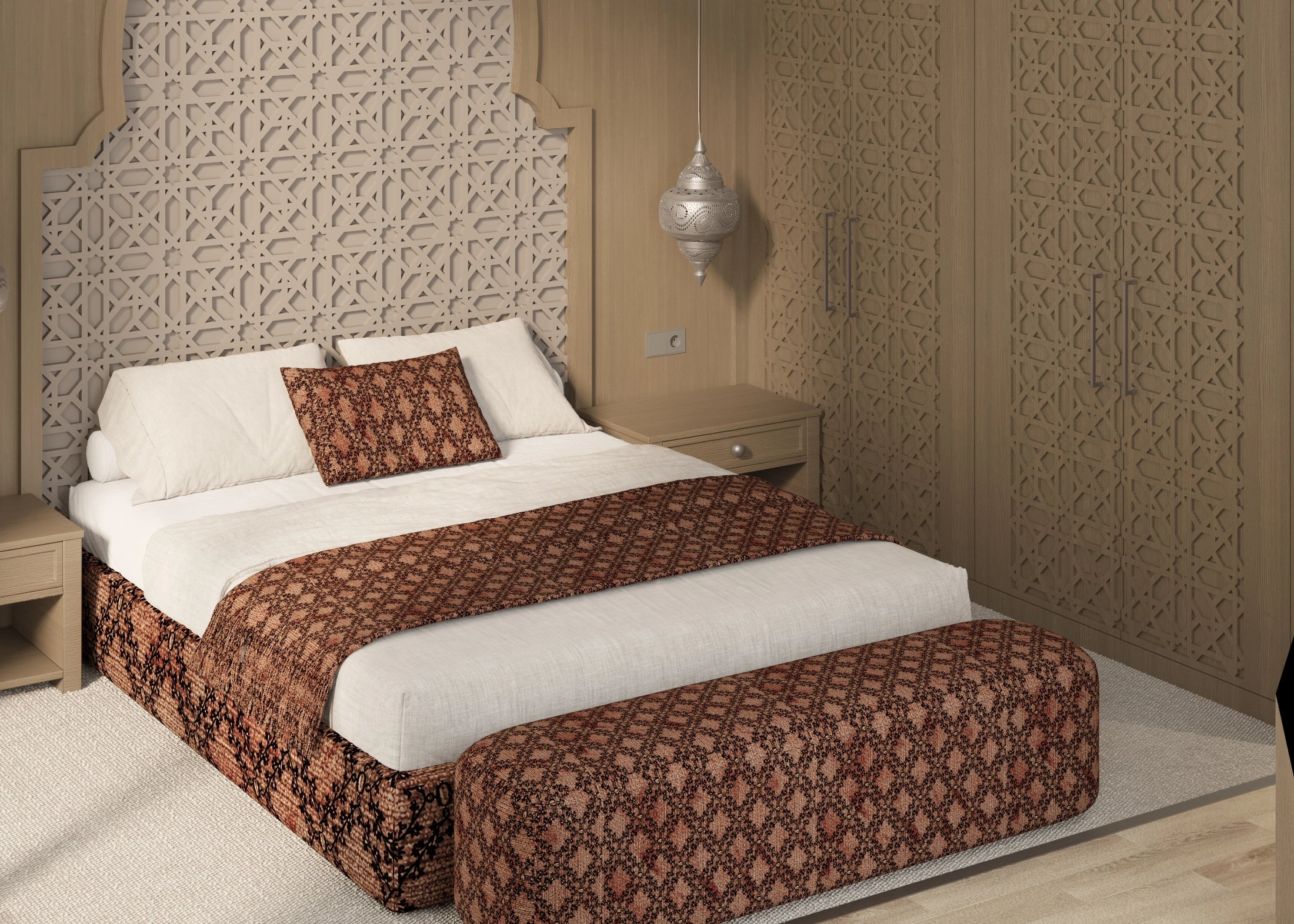 Angled view of the main bedroom bed, lattice headboard, patterned wardrobe and rust upholstery