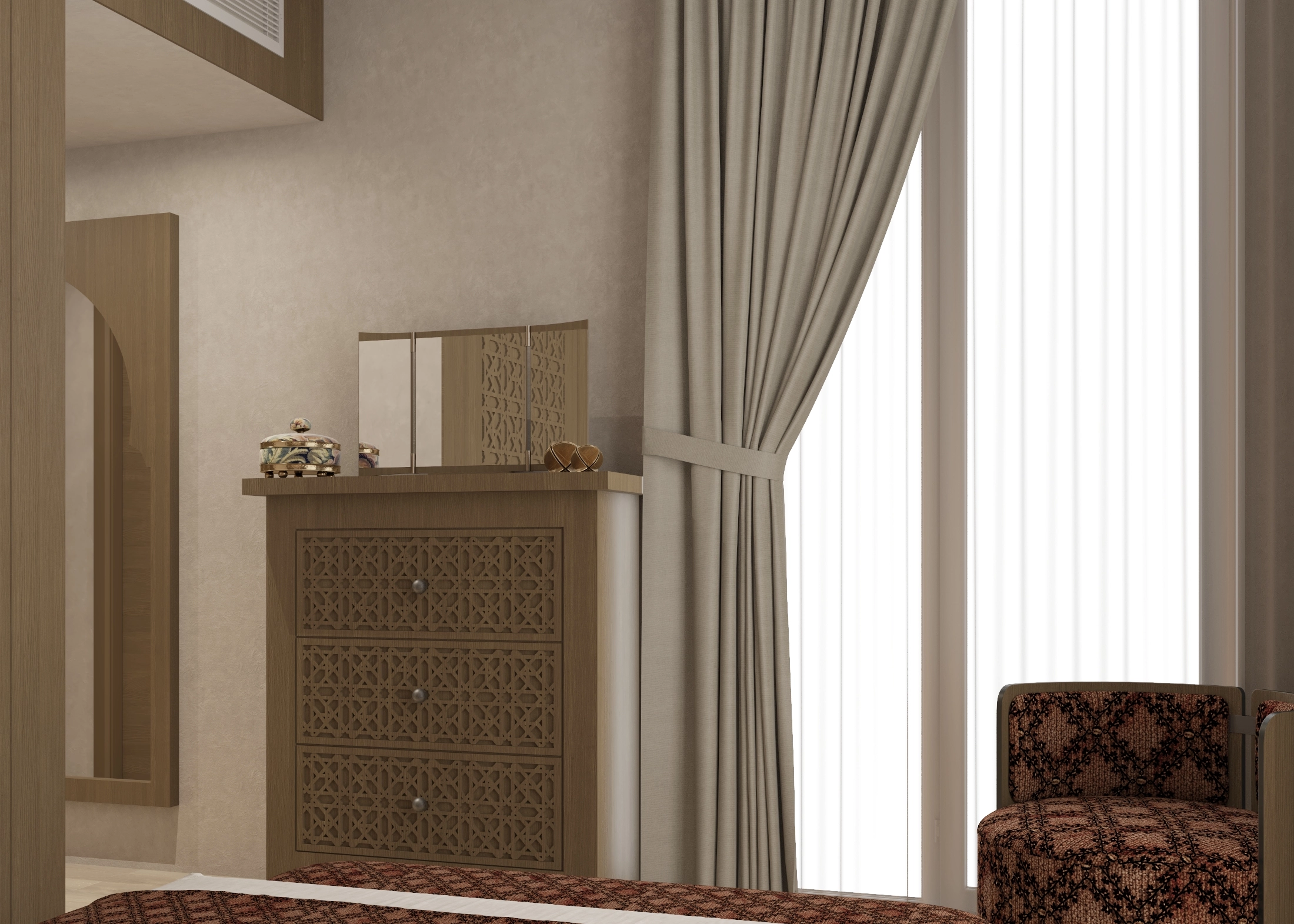 Main bedroom dresser detail with patterned drawers beside full-height sheer curtains