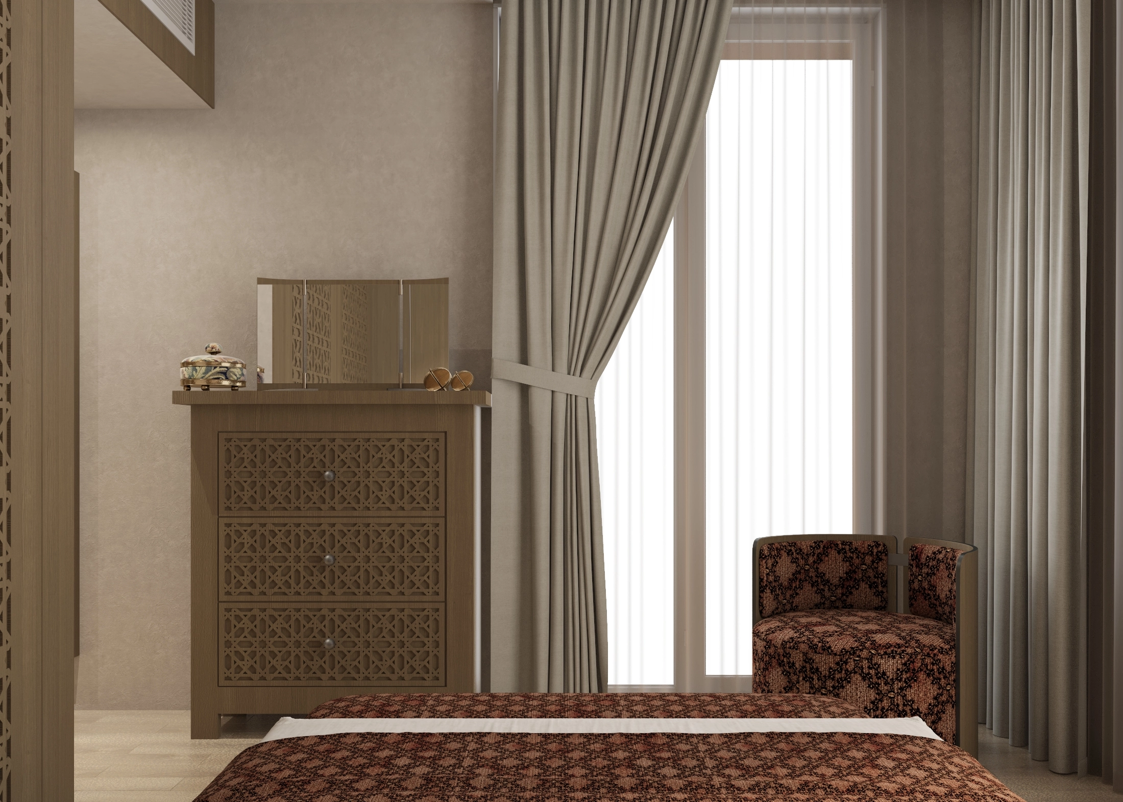 Bedroom view toward the patterned dresser and window with the upholstered bed in the foreground
