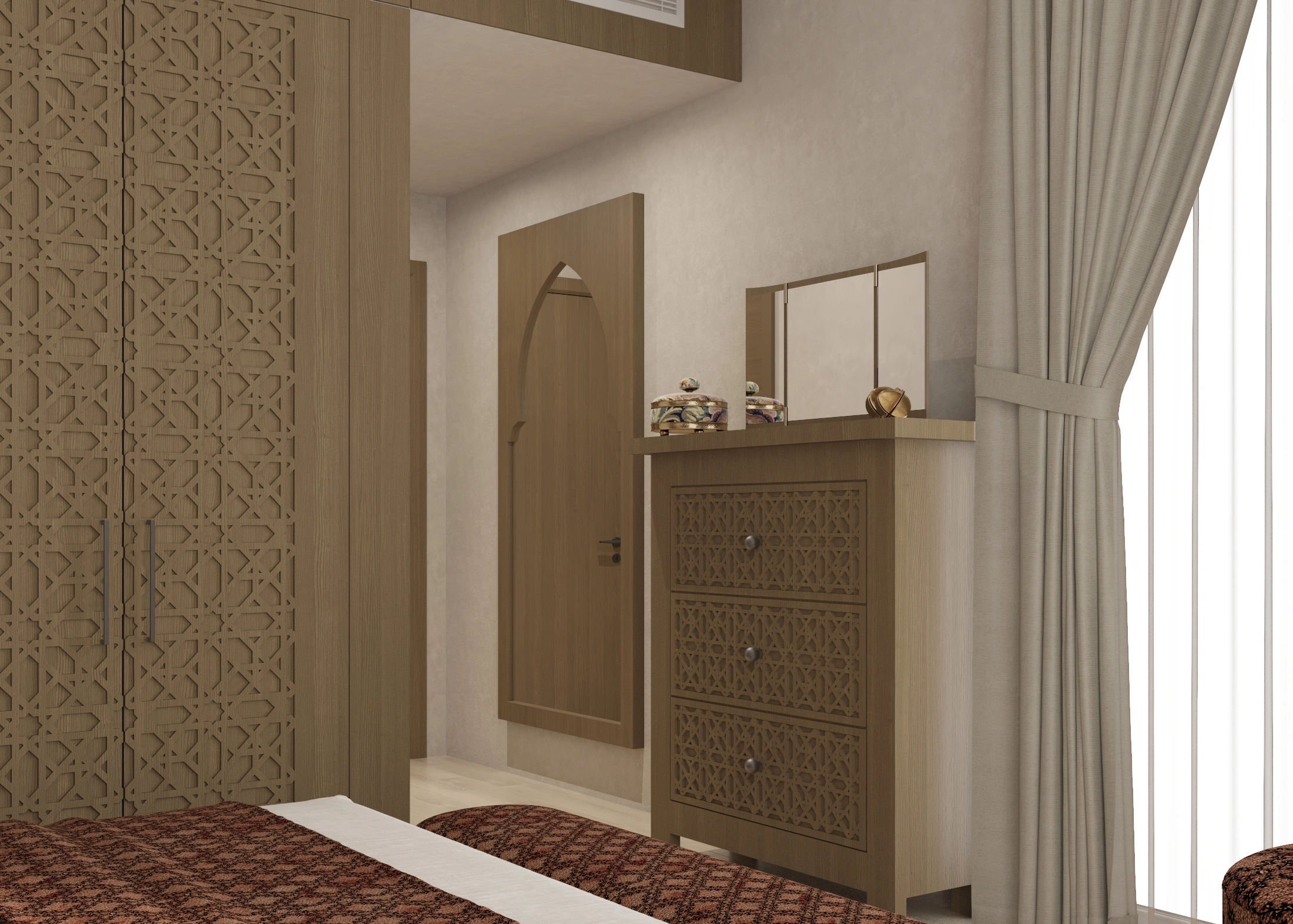 Main bedroom wardrobe and patterned dresser composition with an arched mirror