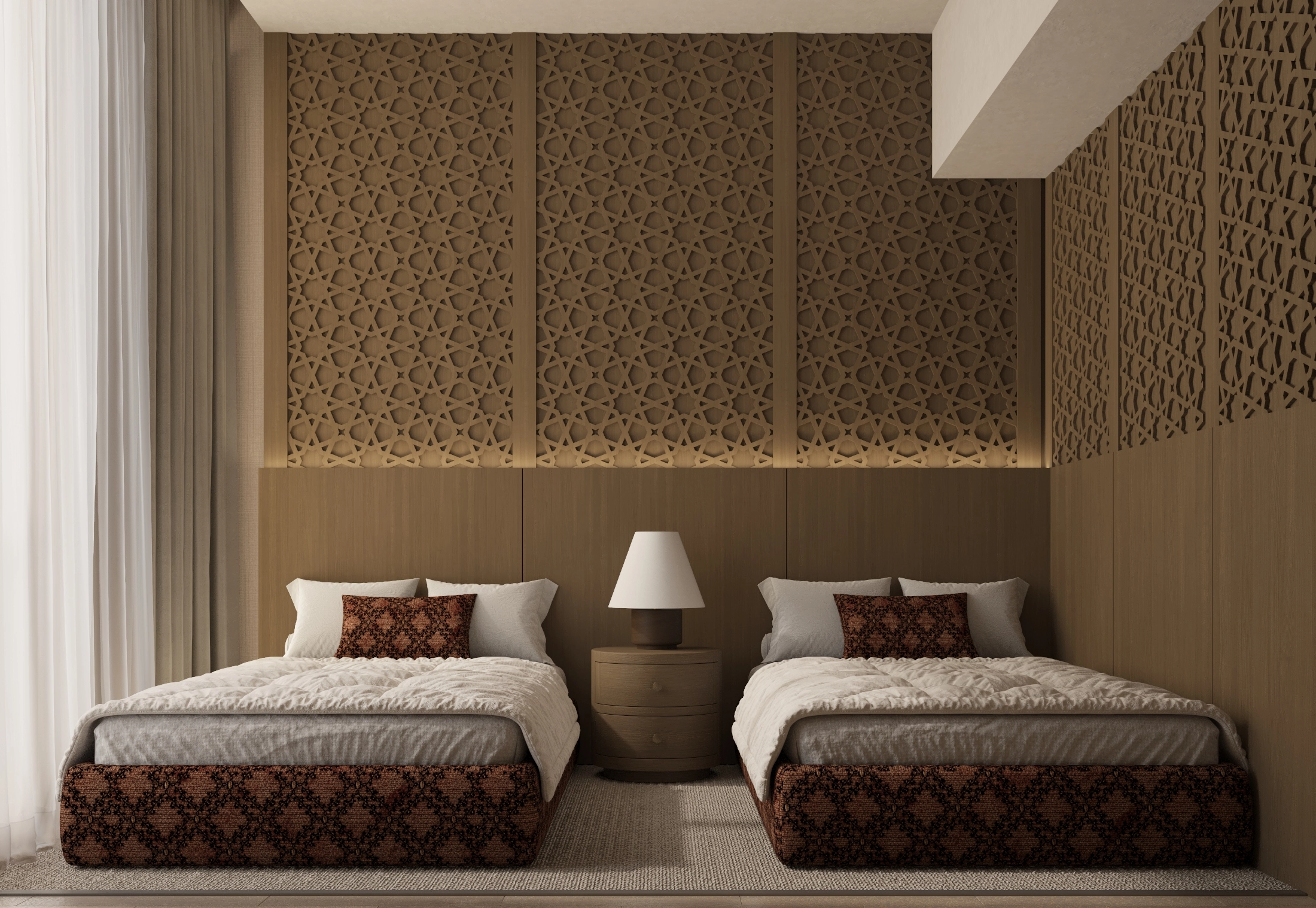 Front view of twin beds beneath a patterned lattice headboard with a central round nightstand