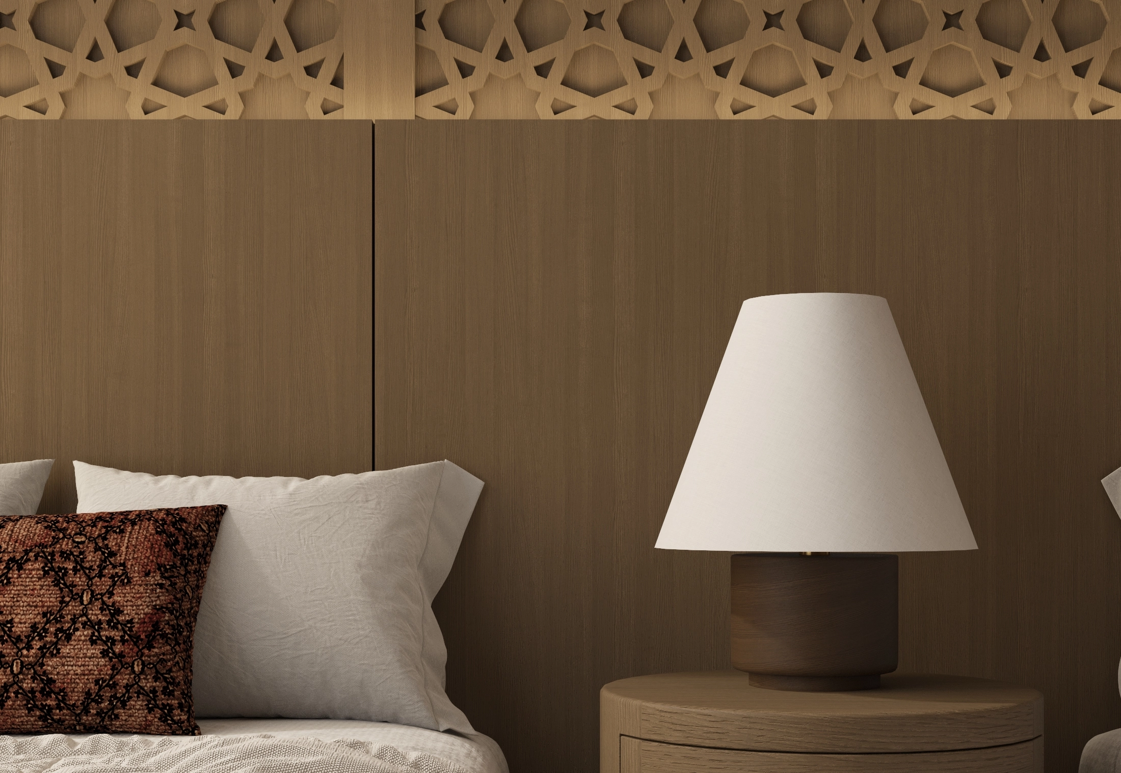 Twin bedroom detail with a timber headboard, lattice frieze, pale bedding and a table lamp