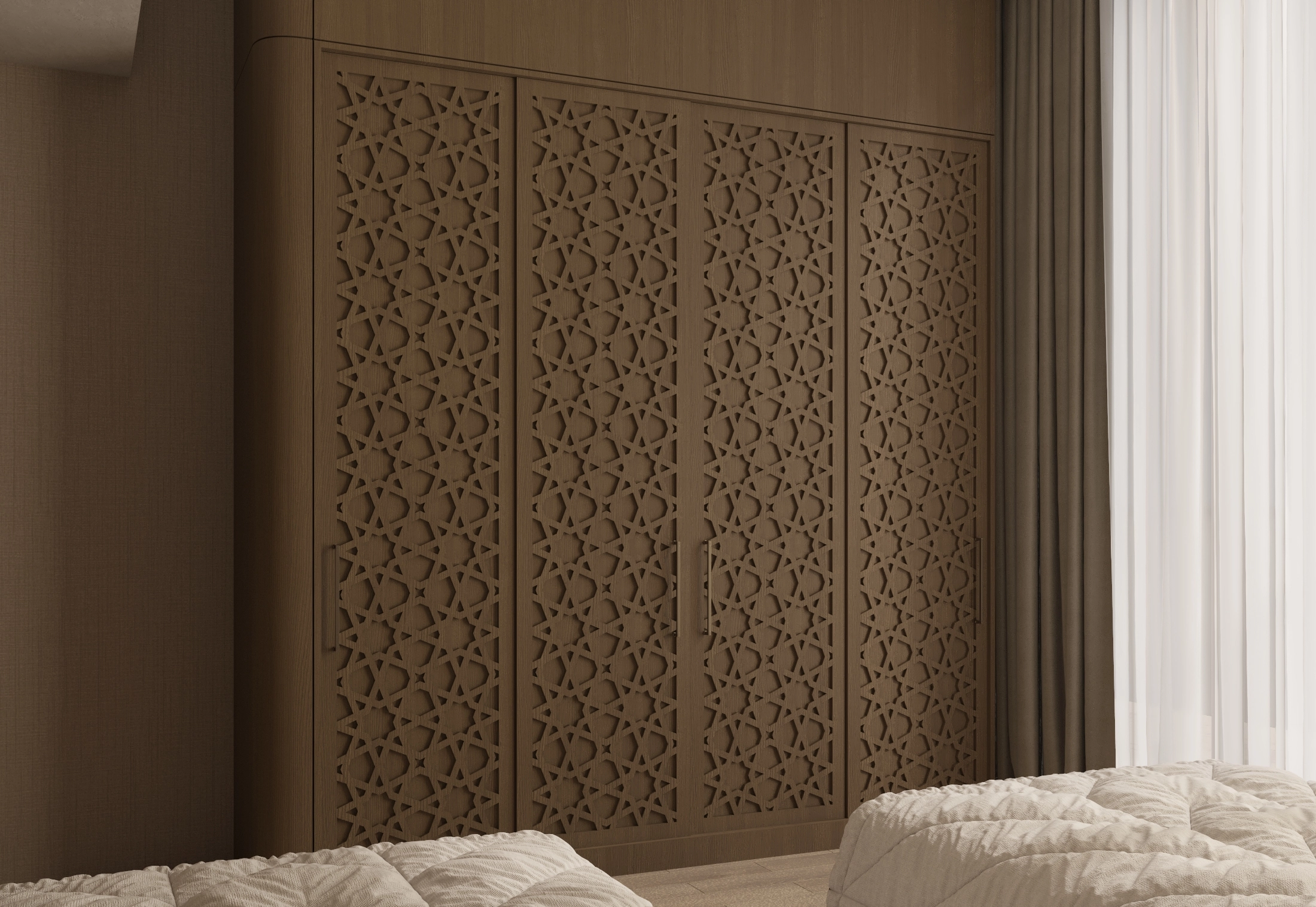 Twin bedroom with a full-height patterned wardrobe beside sheer curtains and upholstered bedding
