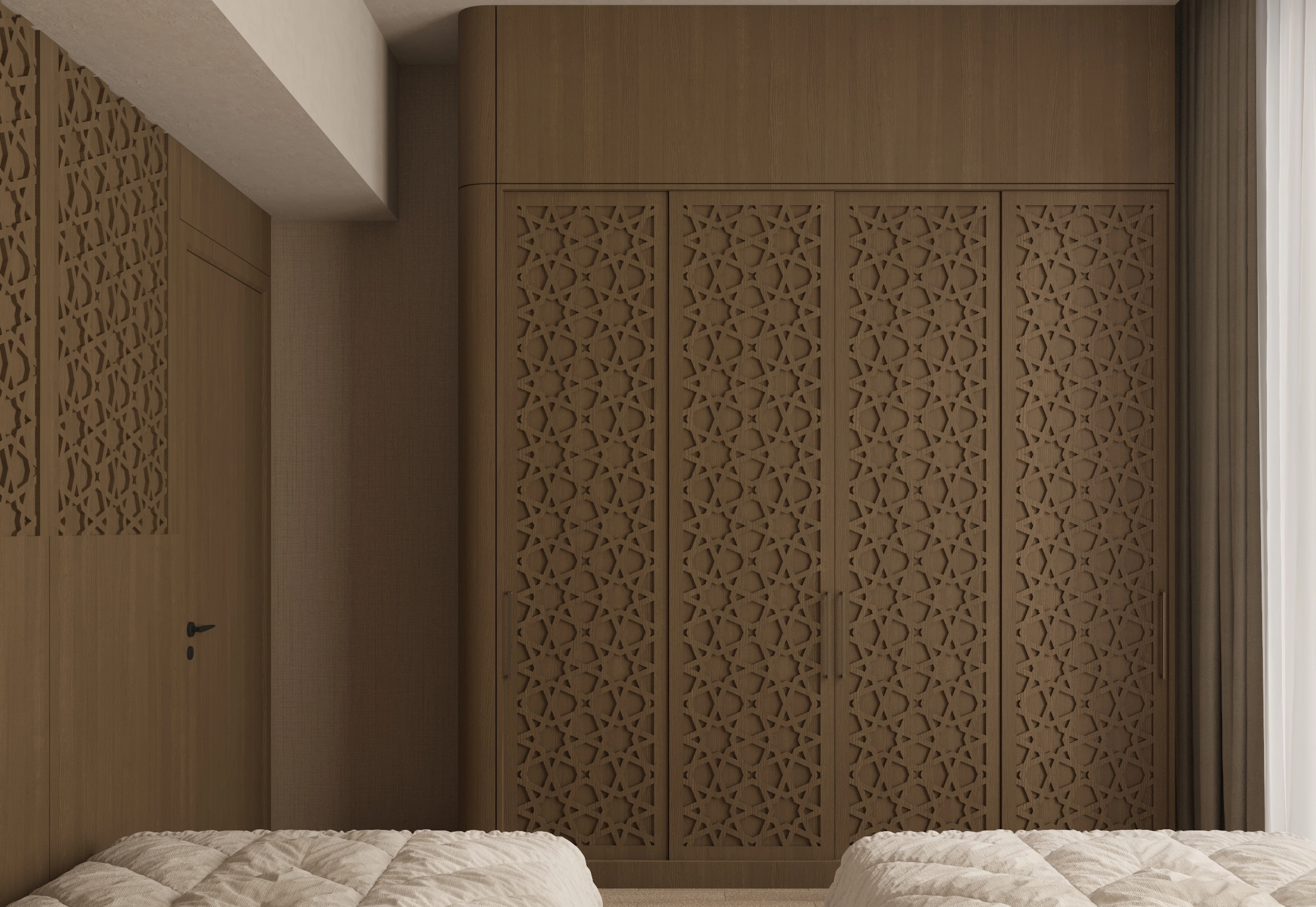 Wide view of the twin bedroom with lattice wardrobe doors, a doorway and both bed edges