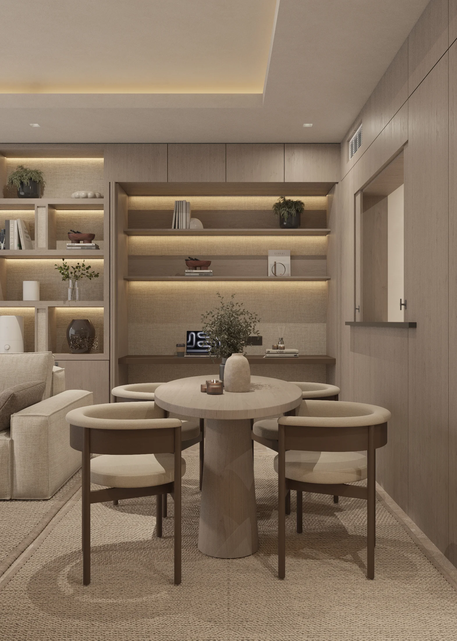 Dining table in front of an opened work niche with backlit shelves and a built-in desk