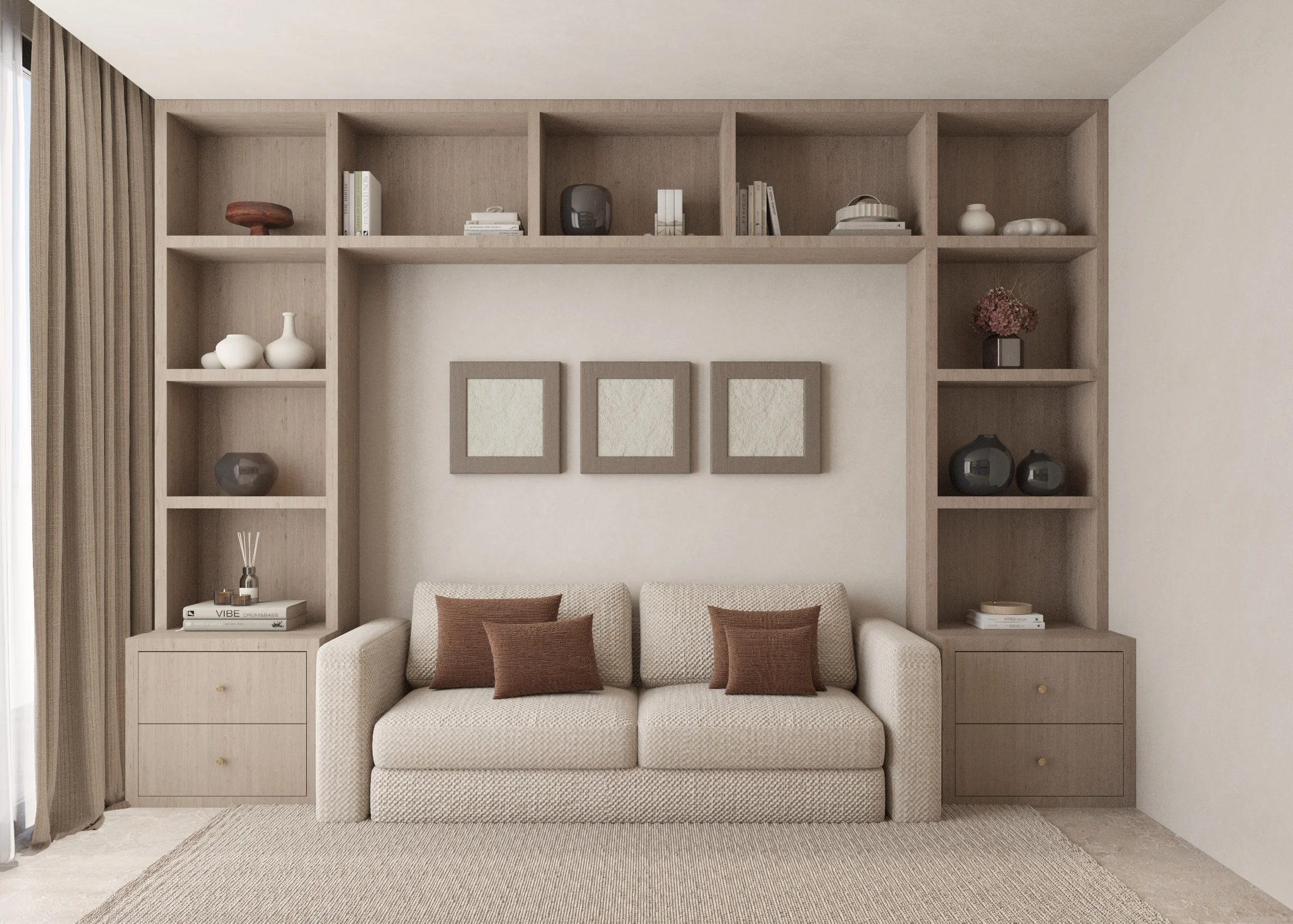 Front view of a two-seat sofa framed by floor-to-ceiling timber display shelving, side drawers and textured wall art
