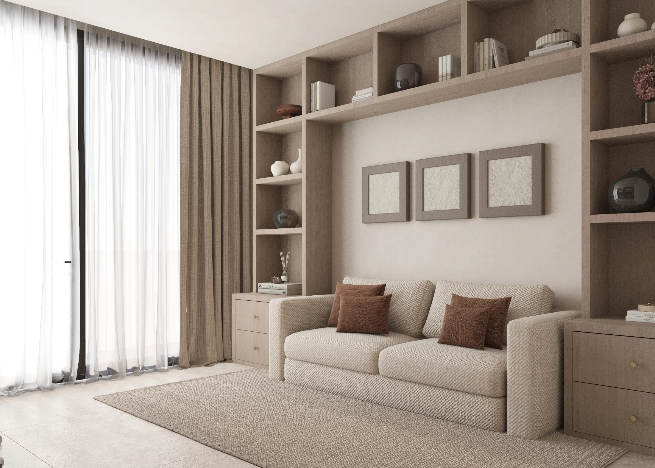 Angled view of a two-seat sofa beside full-height drapery, framed art and wraparound display shelving
