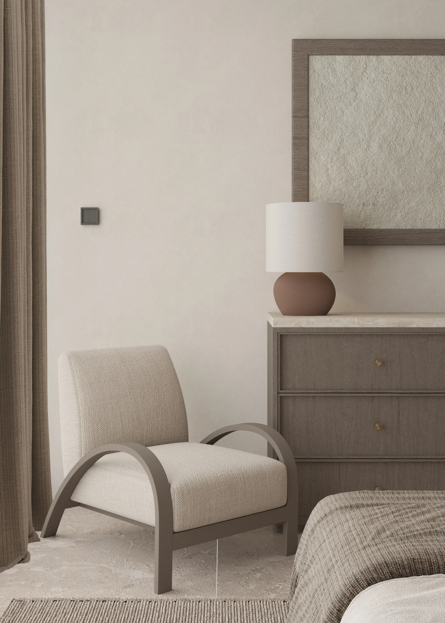 Close bedroom corner with an arched upholstered chair, tall drawer chest, table lamp and textured framed panel